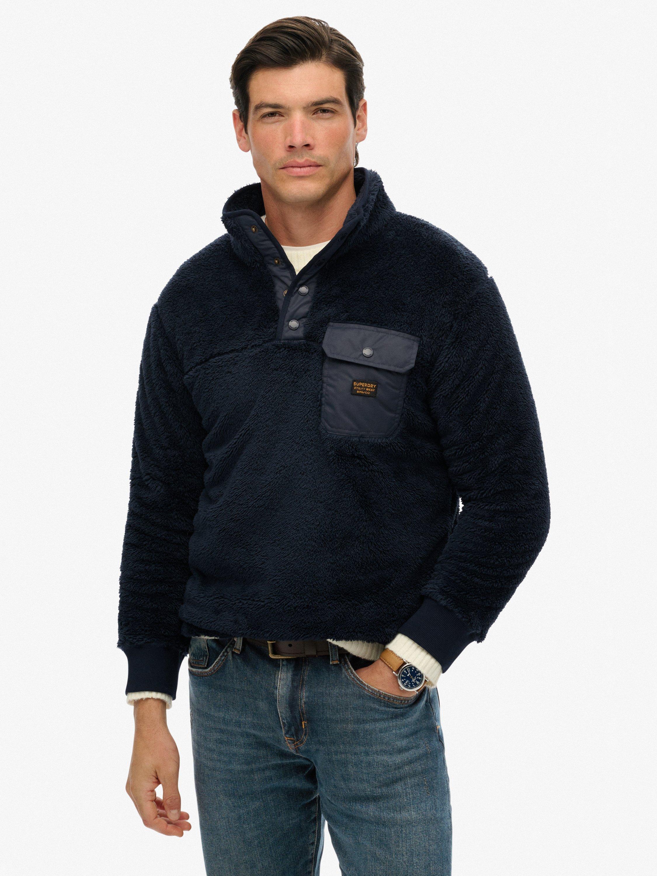 Product image 1 of 6, which shows Superdry High Pile Fleece Henley Jumper, Eclipse Navy, L