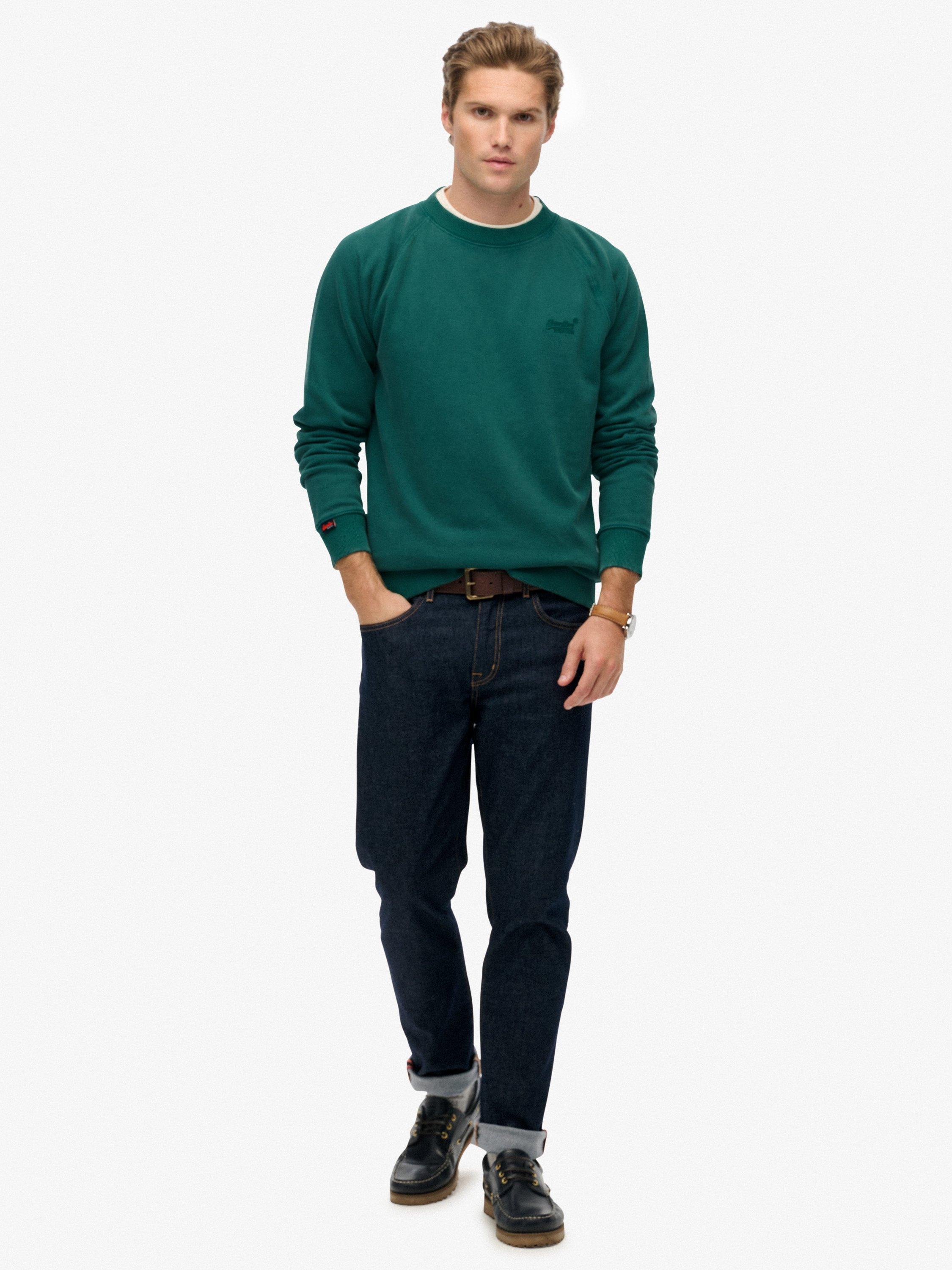 Product image 3 of 6, which shows Superdry Cotton Blend Essential Logo Raglan Crew Sweatshirt, Washed Twill Green, S