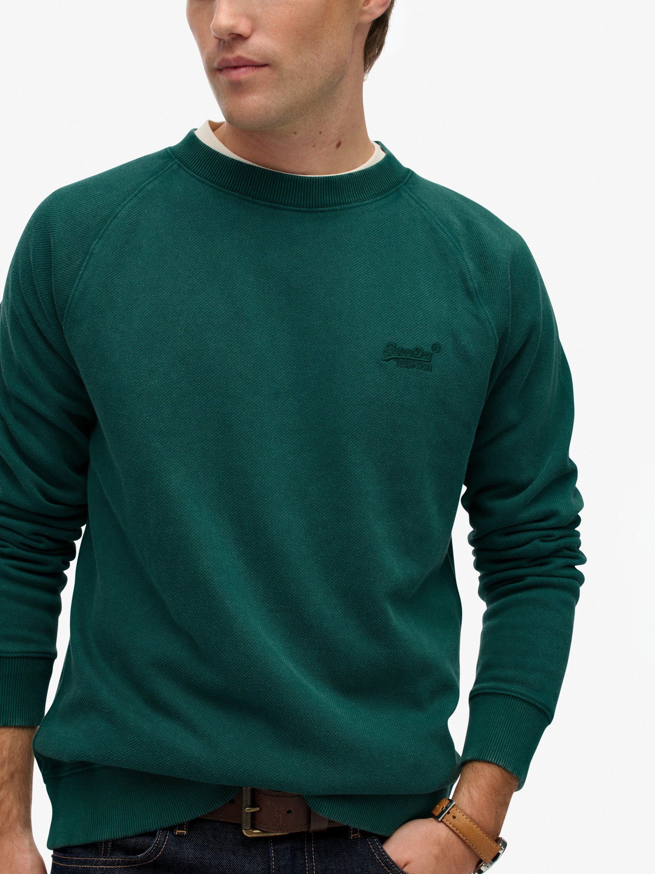 Product image 4 of 6, which shows Superdry Cotton Blend Essential Logo Raglan Crew Sweatshirt, Washed Twill Green, S