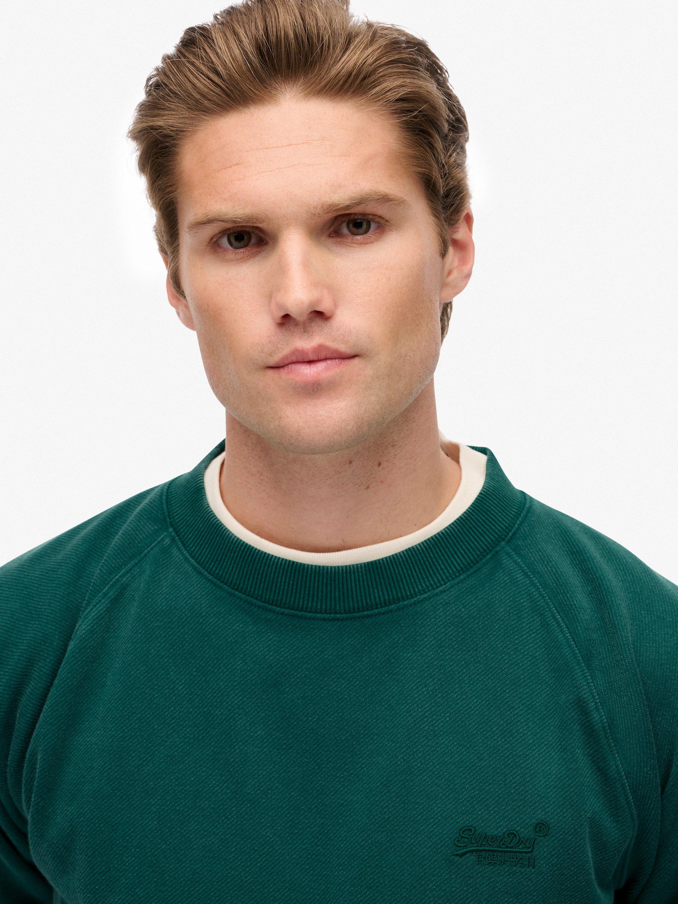 Product image 5 of 6, which shows Superdry Cotton Blend Essential Logo Raglan Crew Sweatshirt, Washed Twill Green, S