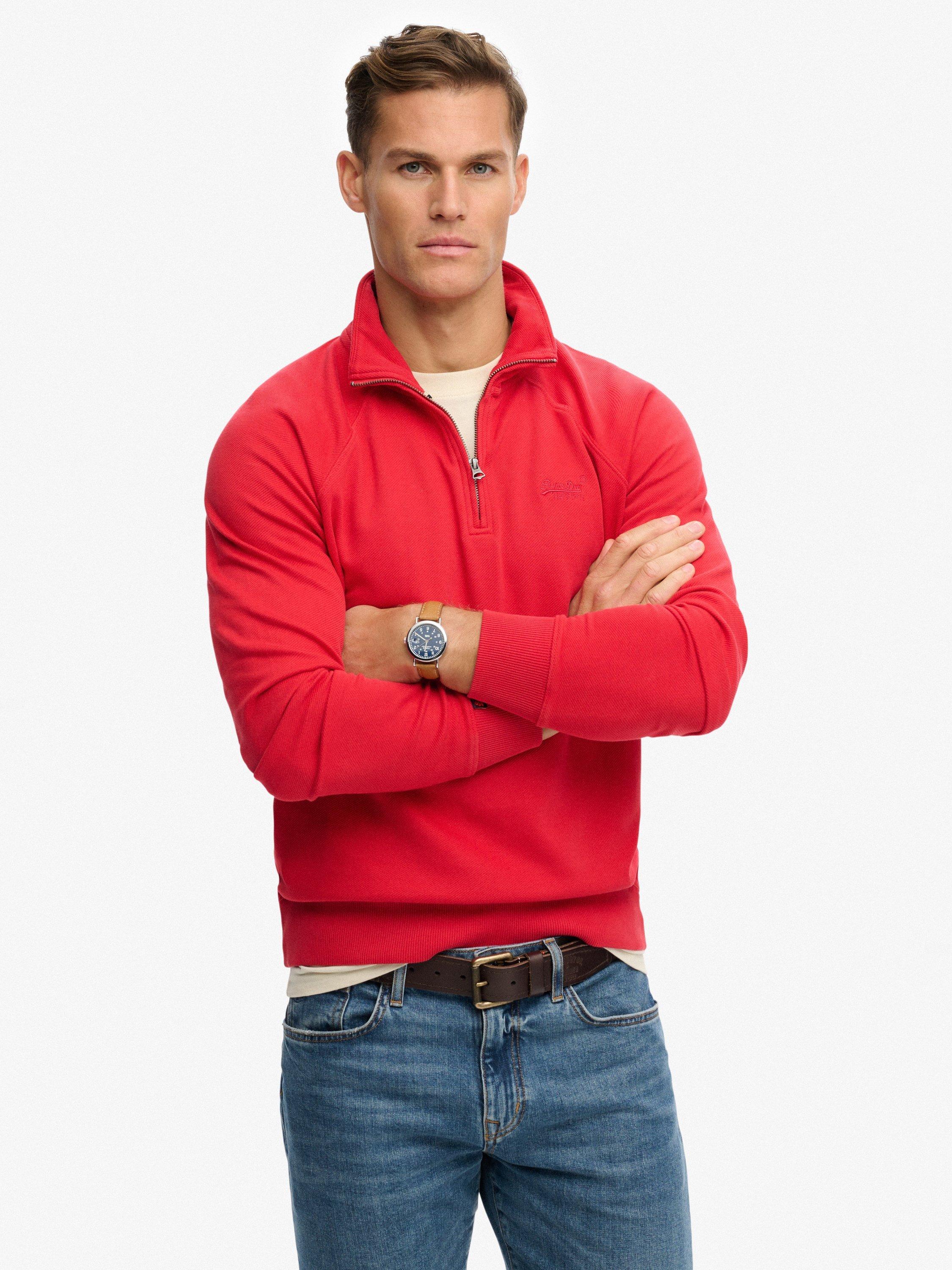 Product image 1 of 5, which shows Superdry Essential Logo Raglan Henley Jumper, Indiana Red, S