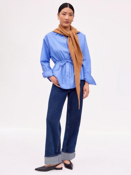 Ro&Zo Gathered Waist Long Sleeve Shirt, Blue - view 2, Blue
