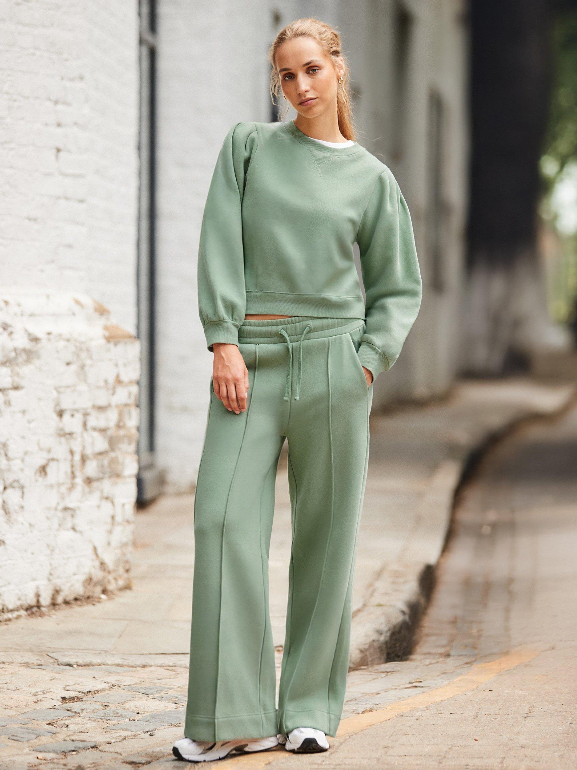 Product image 1 of 4, which shows Ro&Zo Petite Wide Leg Trousers, Green, XS
