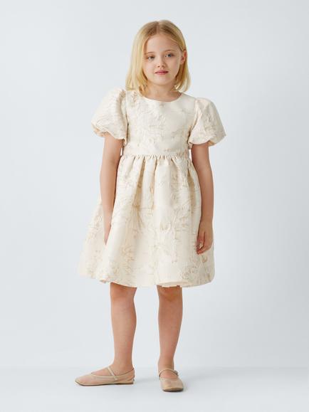 John Lewis Heirloom Collection Kids' Jacquard Puff Sleeve Bridesmaid Dress, Gold Jaquard, Neutrals