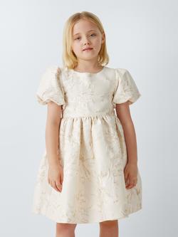 John Lewis Heirloom Collection Kids' Jacquard Puff Sleeve Bridesmaid Dress, Gold Jaquard - view 2, Gold Jaquard