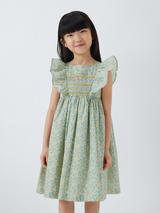 John Lewis Heirloom Collection Kids' Hand Smocked Ditsy Print Ruffle Dress, Blue Ditsy