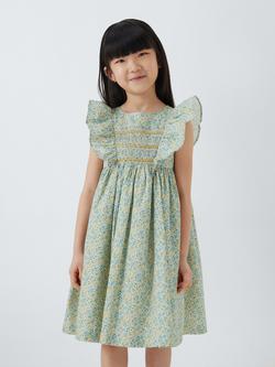 John Lewis Heirloom Collection Kids' Hand Smocked Ditsy Print Ruffle Dress, Blue Ditsy, Blue Ditsy