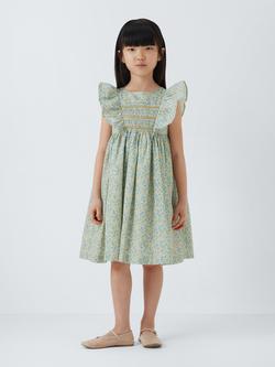 John Lewis Heirloom Collection Kids' Hand Smocked Ditsy Print Ruffle Dress, Blue Ditsy - view 2, Blue Ditsy