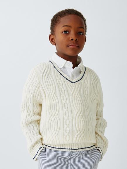 John Lewis Heirloom Collection Kids' V-Neck Cricket Jumper, Gc-1106/Starch, Gc-1106/Starch