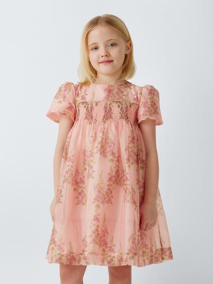 John Lewis Heirloom Collection Kids' Floral Organza Dress, Pink, Pink