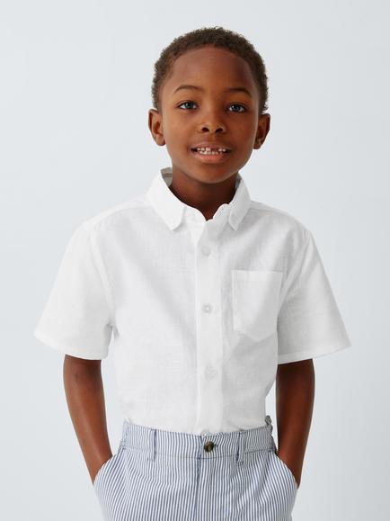 John Lewis Heirloom Collection Kids' Short Sleeve Linen Blend Shirt, White, White