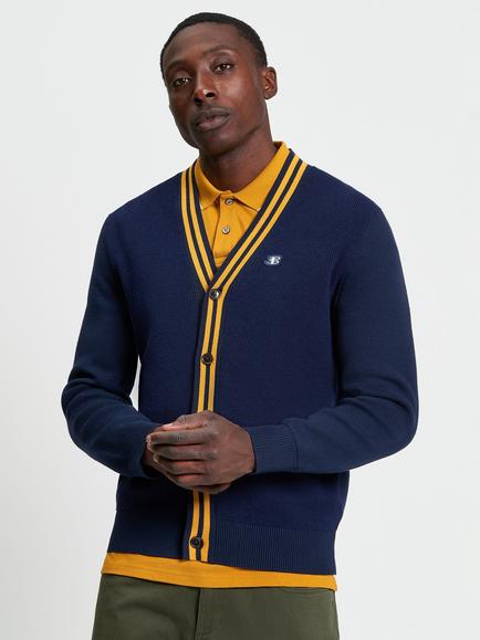 Ben Sherman Cotton Blend Sport Block Button Neck Cardigan, Dark Navy