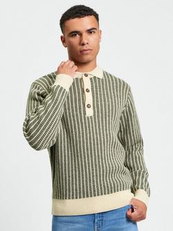 Ben Sherman Bi Coloured Knitted Long Sleeve Polo Top, Ivory, Ivory