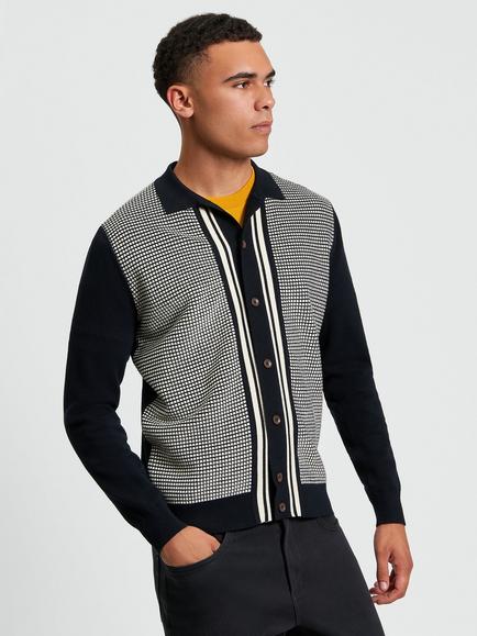 Ben Sherman Bi Coloured Knitted Long Sleeve Polo Top, Black, Black