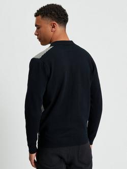 Ben Sherman Bi Coloured Knitted Long Sleeve Polo Top, Black - view 2, Black