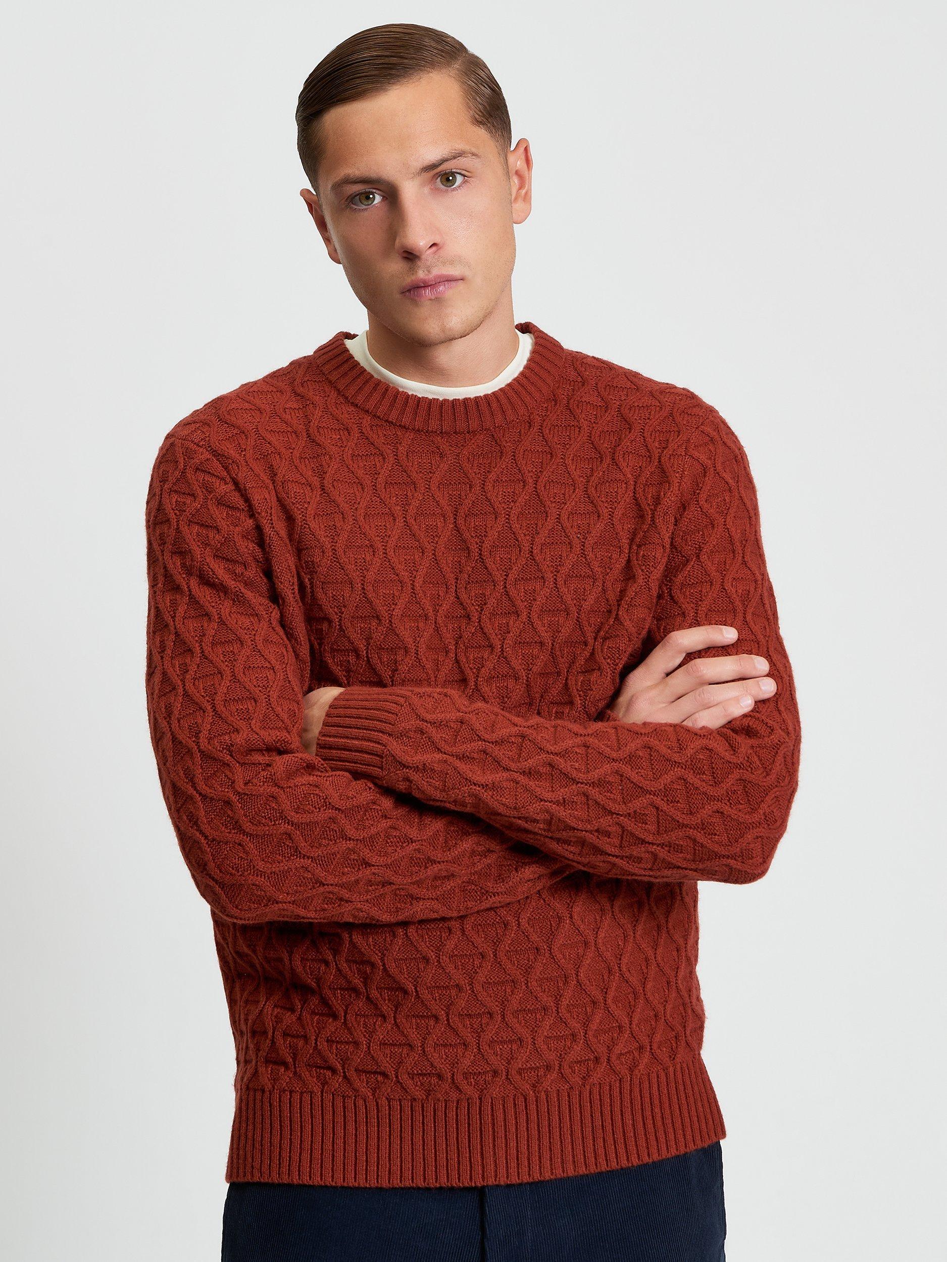 Product image 1 of 5, which shows Ben Sherman Wool Blend Cable Knit Textured Jumper, Burnt Orange, S