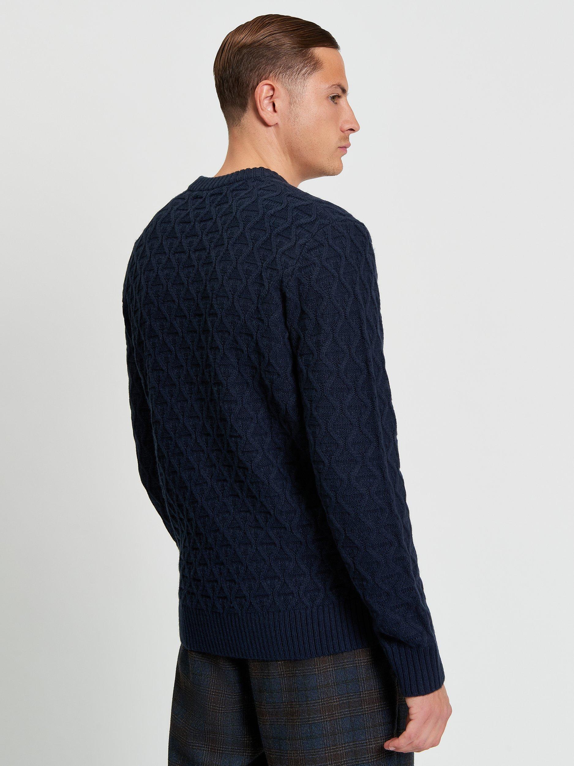 Product image 2 of 5, which shows Ben Sherman Wool Blend Cable Knit Textured Jumper, Dark Navy, S