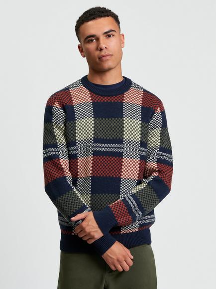 Ben Sherman Jacquard Check Wool Blend Jumper, Dark Navy, Dark Navy