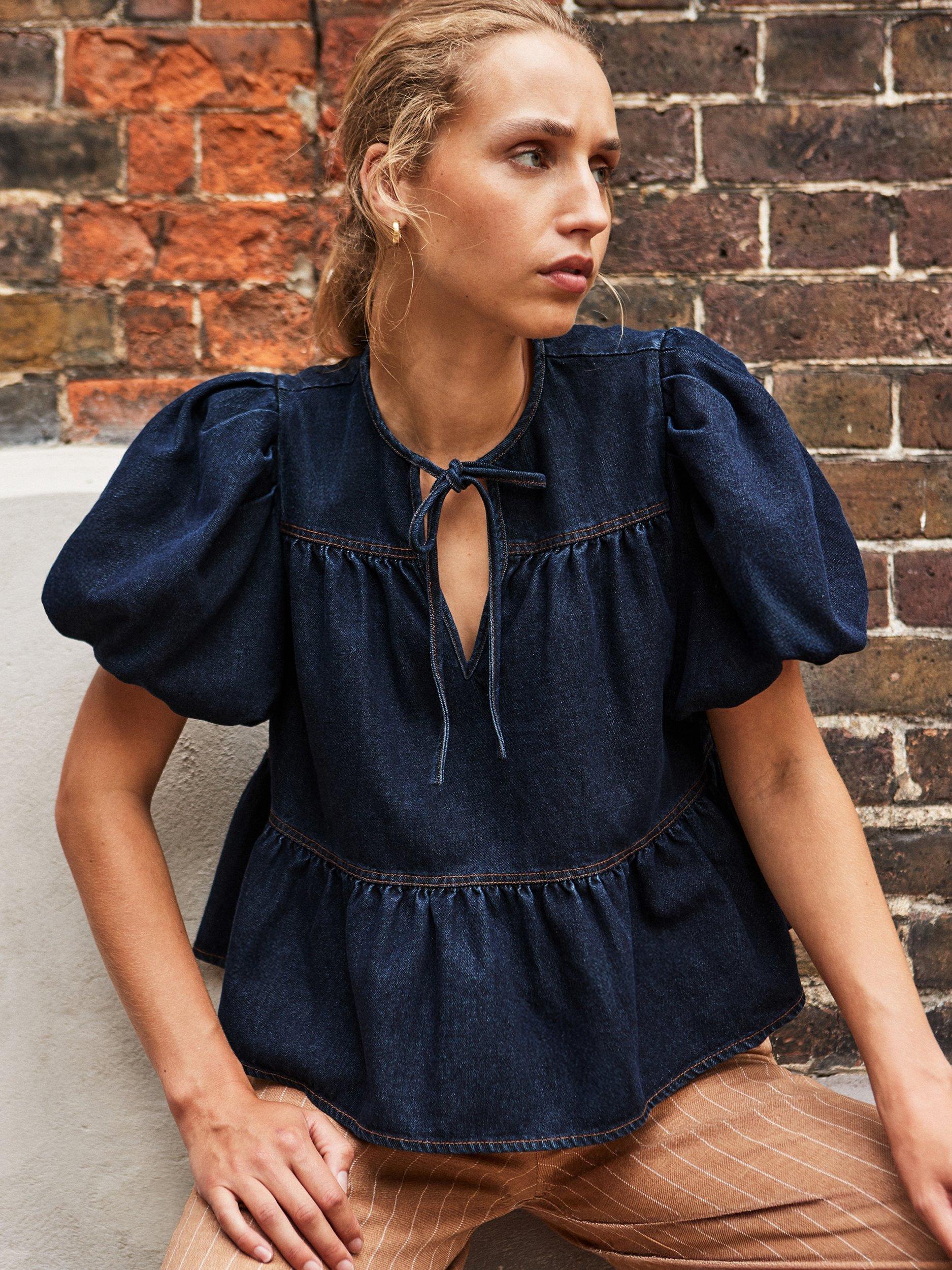 Product image 1 of 5, which shows Ro&Zo Denim Puff Sleeve Top, Blue, 6