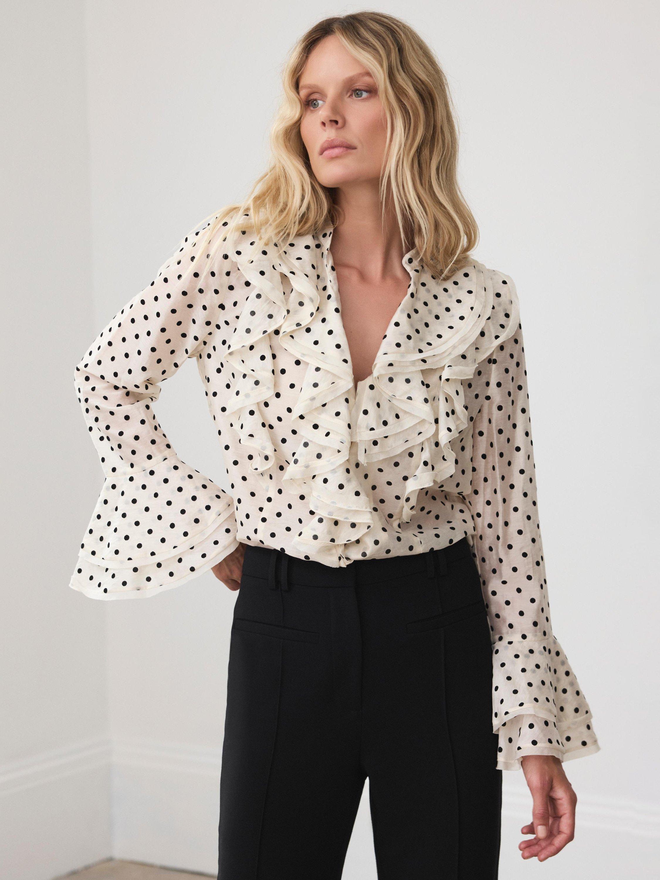 Mint Velvet Ivory Spotty Print Ruffle Blouse