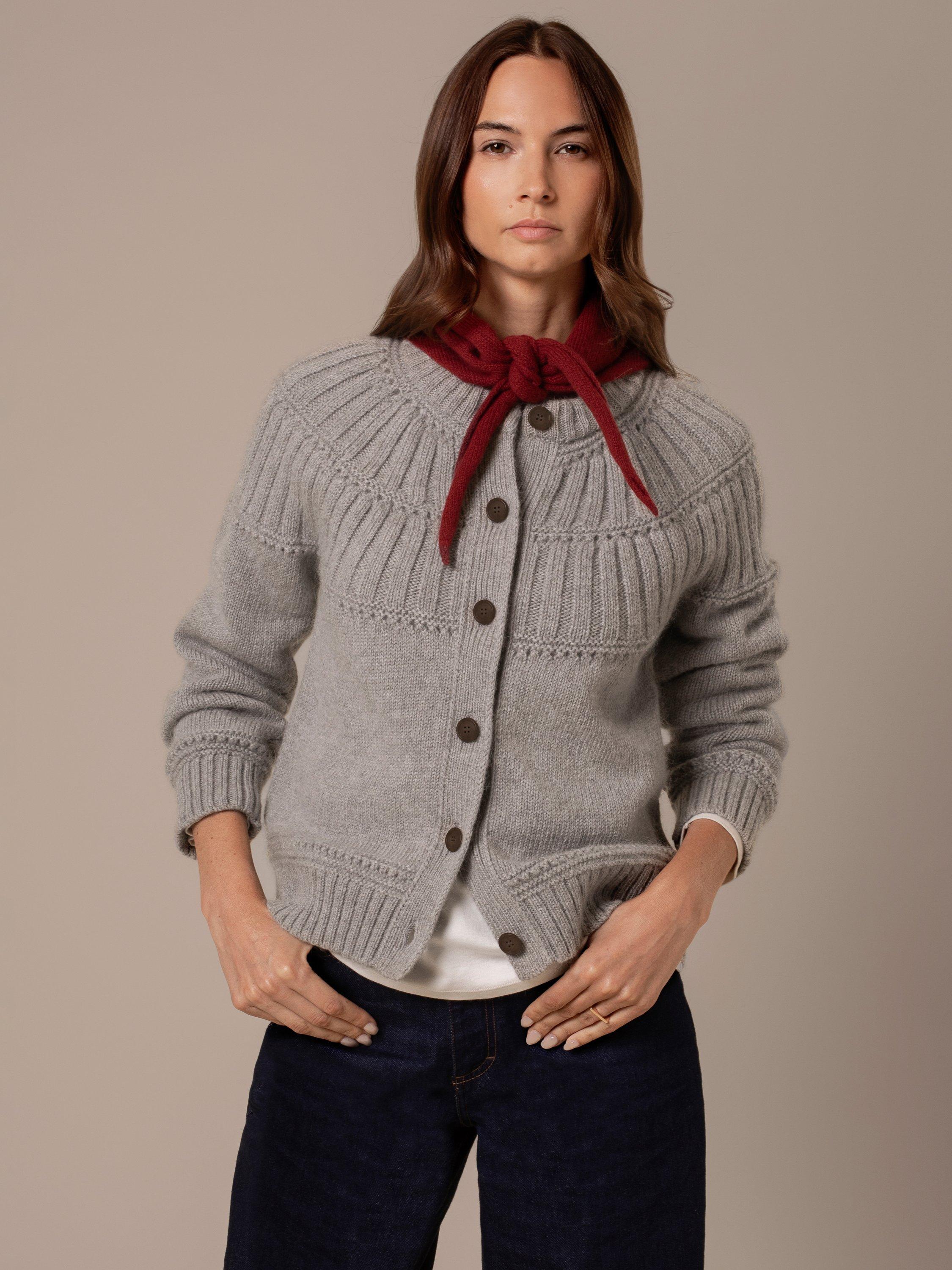 Product image 1 of 5, which shows Celtic & Co. Lofty Textured Yoke Pure Wool Cardigan, Silver Grey, XS