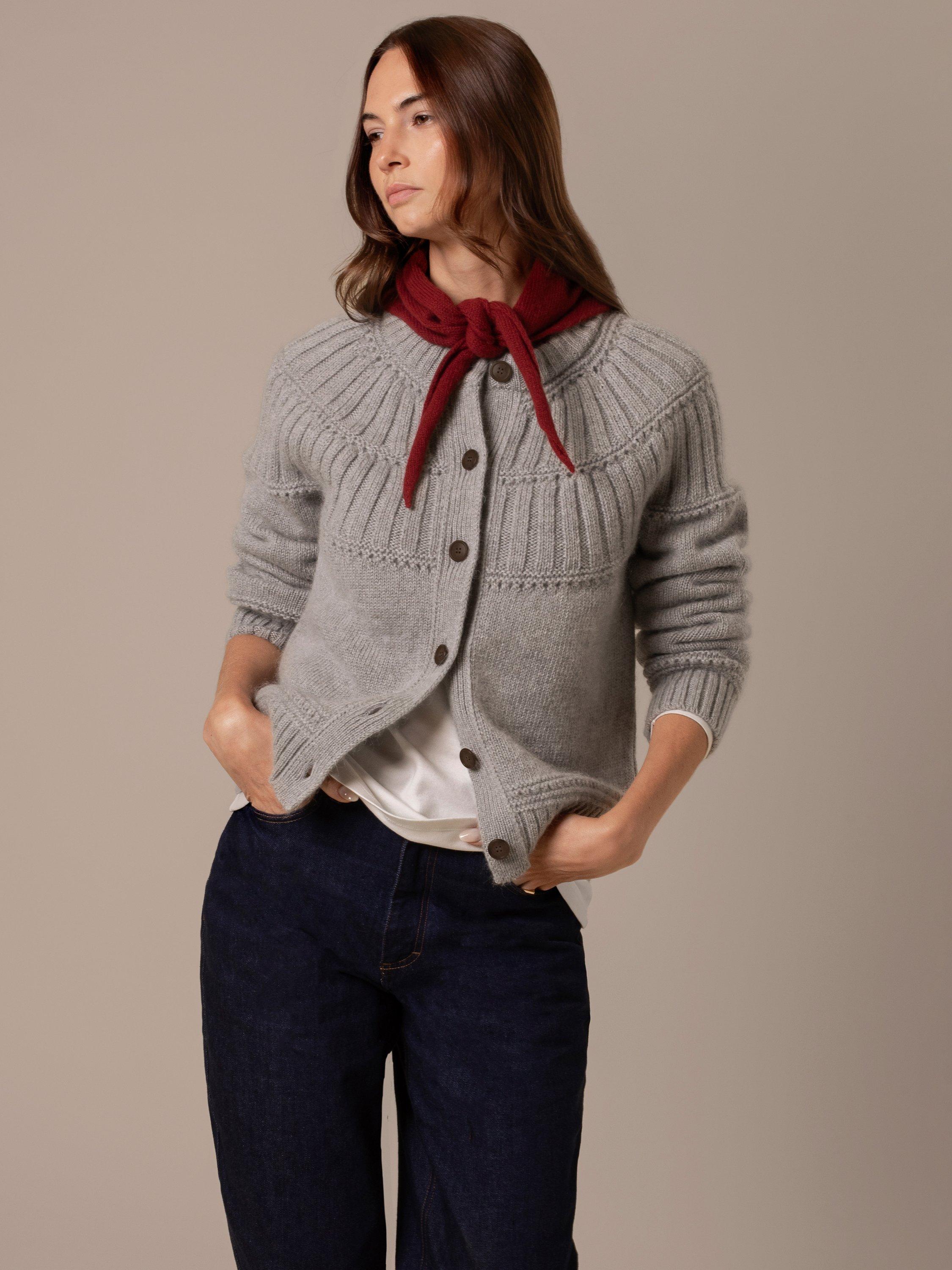 Product image 4 of 5, which shows Celtic & Co. Lofty Textured Yoke Pure Wool Cardigan, Silver Grey, XS