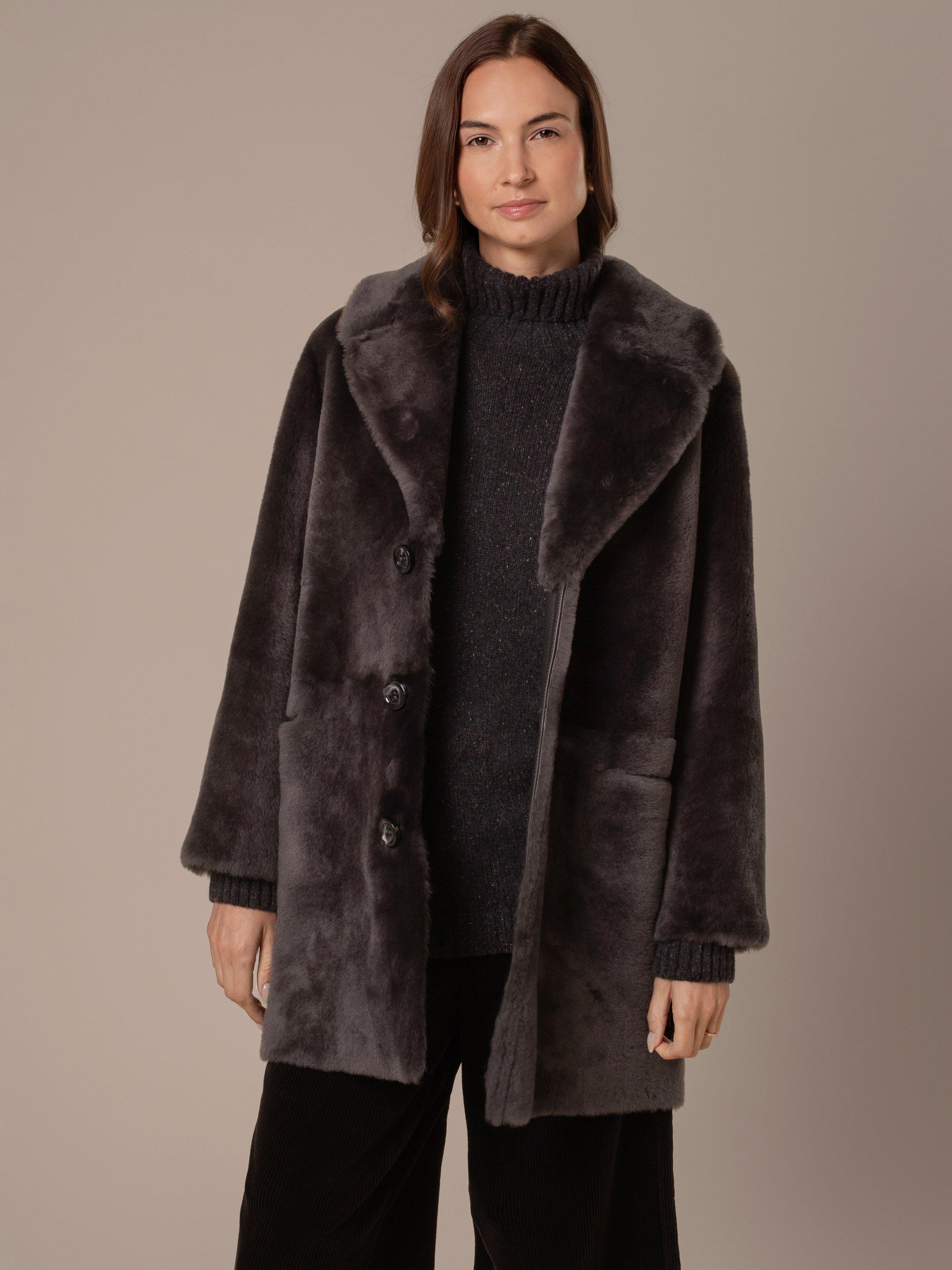 Product image 1 of 4, which shows Celtic & Co. Longline Sheepskin Coat, Slate, 8