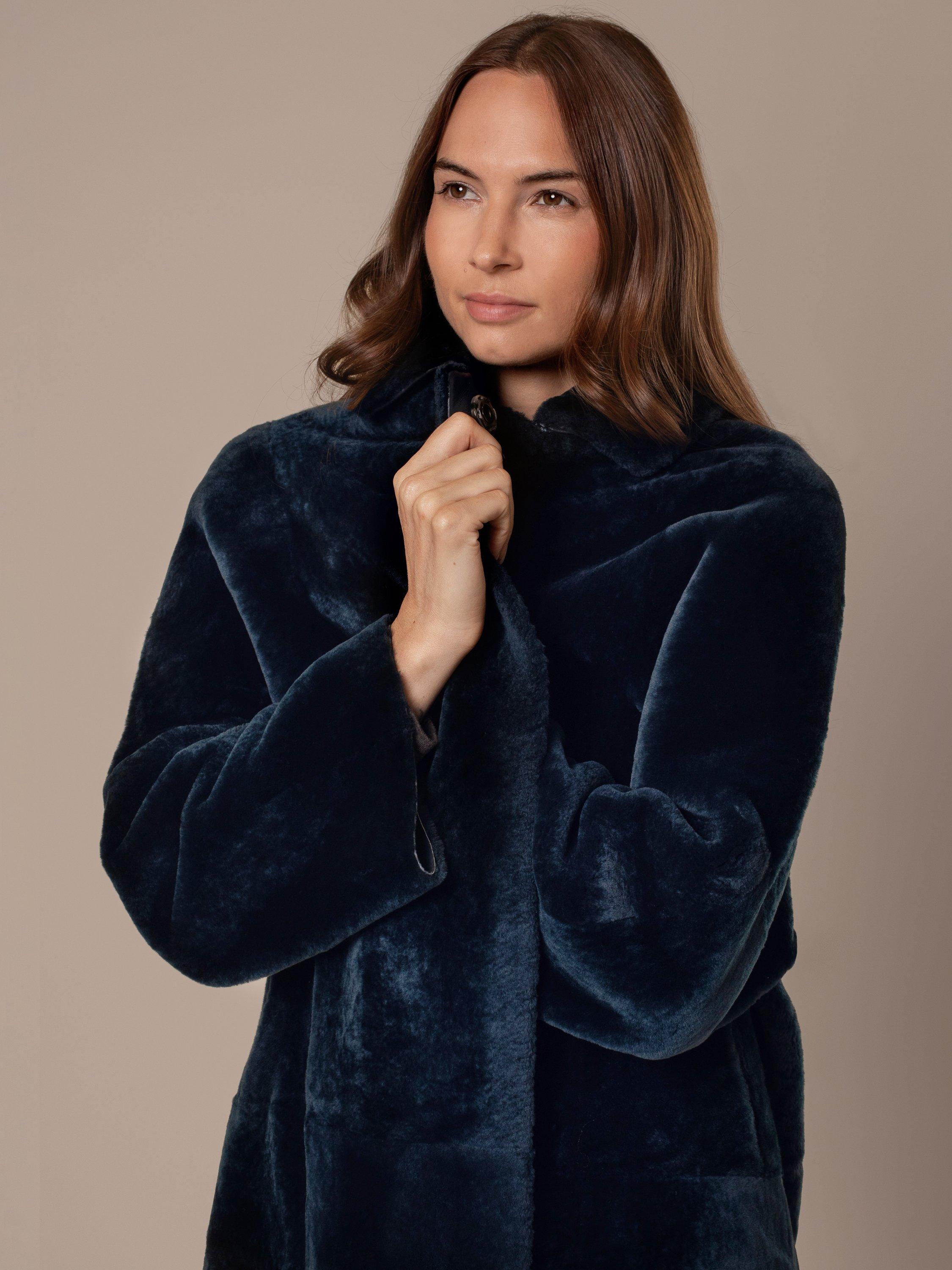 Product image 4 of 10, which shows Celtic & Co. Cocoon Sheepskin Coat, Dark Icelandic Blue, 8