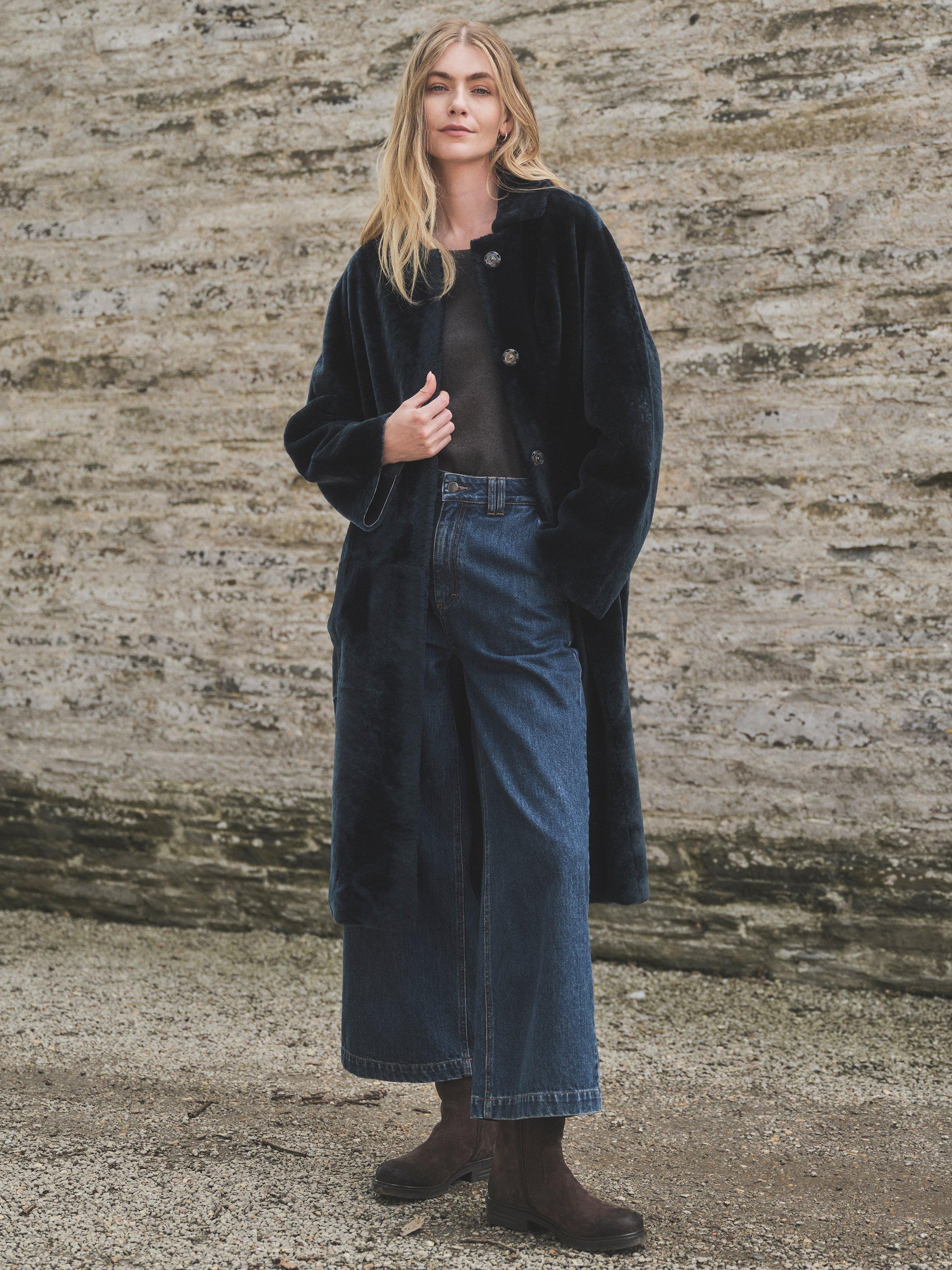 Product image 6 of 10, which shows Celtic & Co. Cocoon Sheepskin Coat, Dark Icelandic Blue, 8