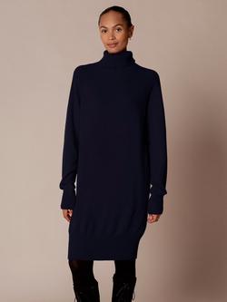 Celtic & Co. Roll Neck Knee Length Pure Wool Jumper Dress, Navy Blue, Navy Blue