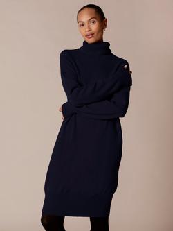 Celtic & Co. Roll Neck Knee Length Pure Wool Jumper Dress, Navy Blue - view 2, Navy Blue