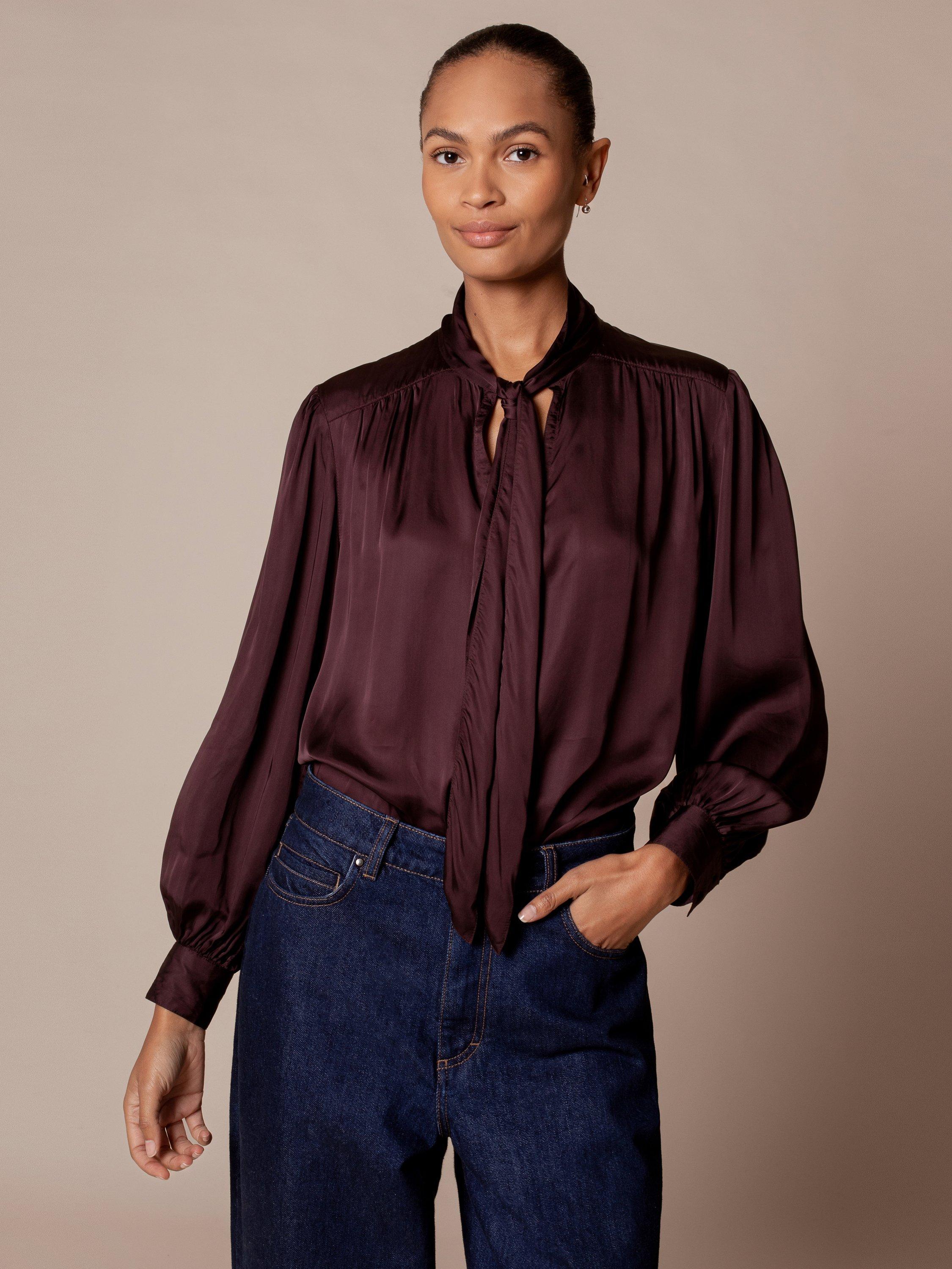 Product image 2 of 7, which shows Celtic & Co. Long Sleeve Tie Neck Top, Raisin, 8