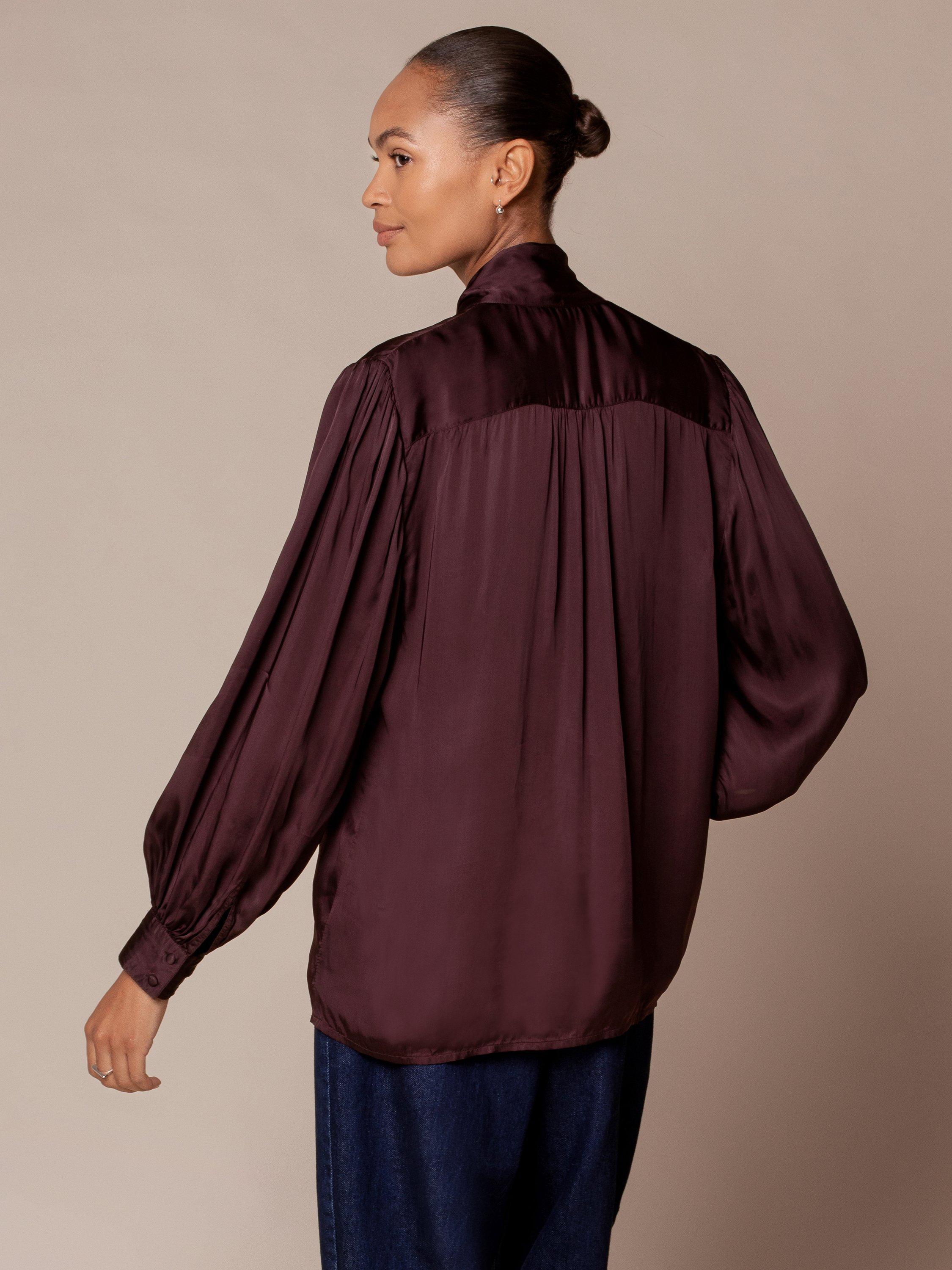 Product image 3 of 7, which shows Celtic & Co. Long Sleeve Tie Neck Top, Raisin, 8