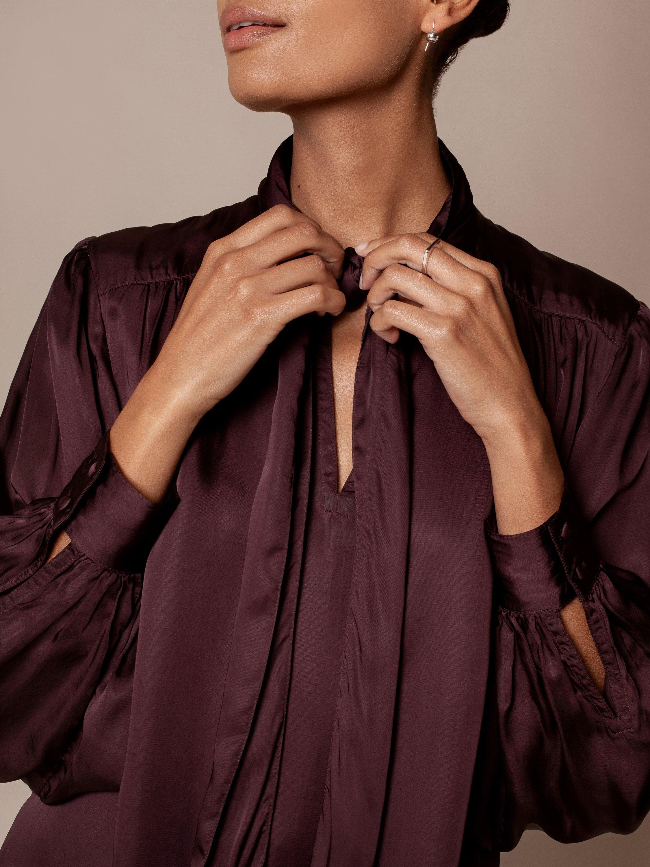 Product image 4 of 7, which shows Celtic & Co. Long Sleeve Tie Neck Top, Raisin, 8