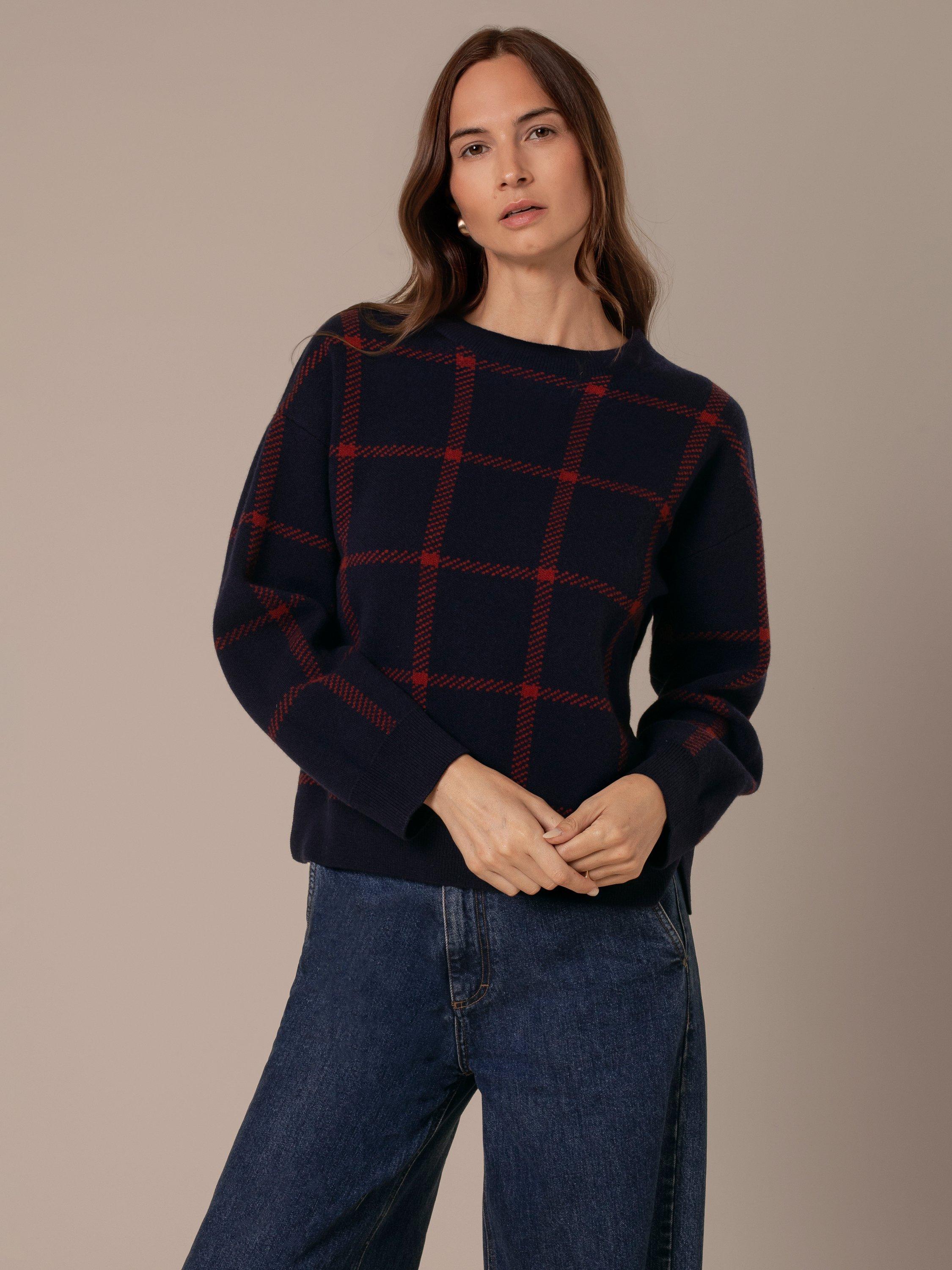 Product image 1 of 6, which shows Celtic & Co. Windowpane Check Pure Wool Jumper, French Navy/Rust, XS