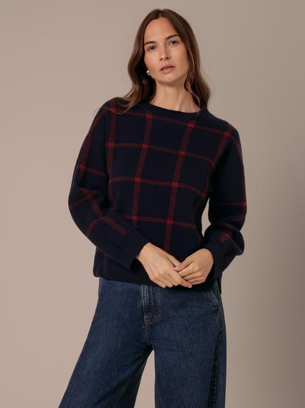 Celtic & Co. Windowpane Check Pure Wool Jumper, French Navy/Rust, French Navy/Rust