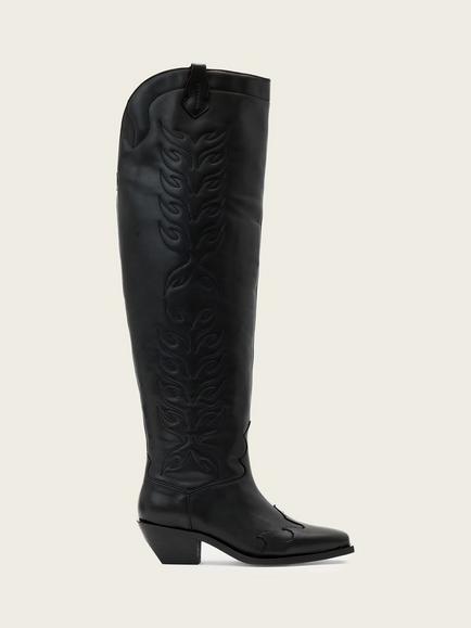 AllSaints Landon Western Leather Over The Knee Boots, Black, Black