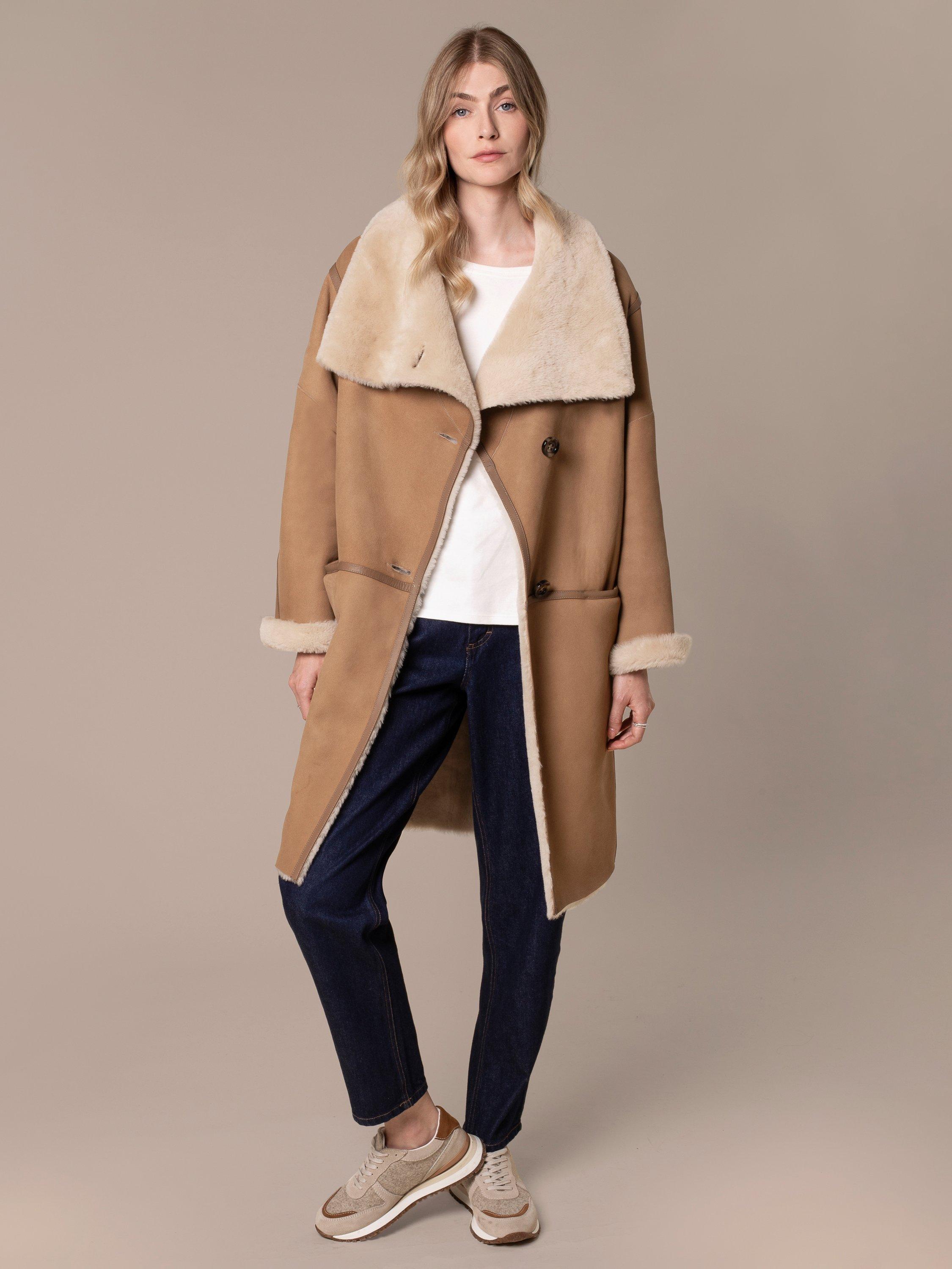 Product image 1 of 10, which shows Celtic & Co. Drape Collar Sheepskin Wrap Coat, Camel / Cream, 8