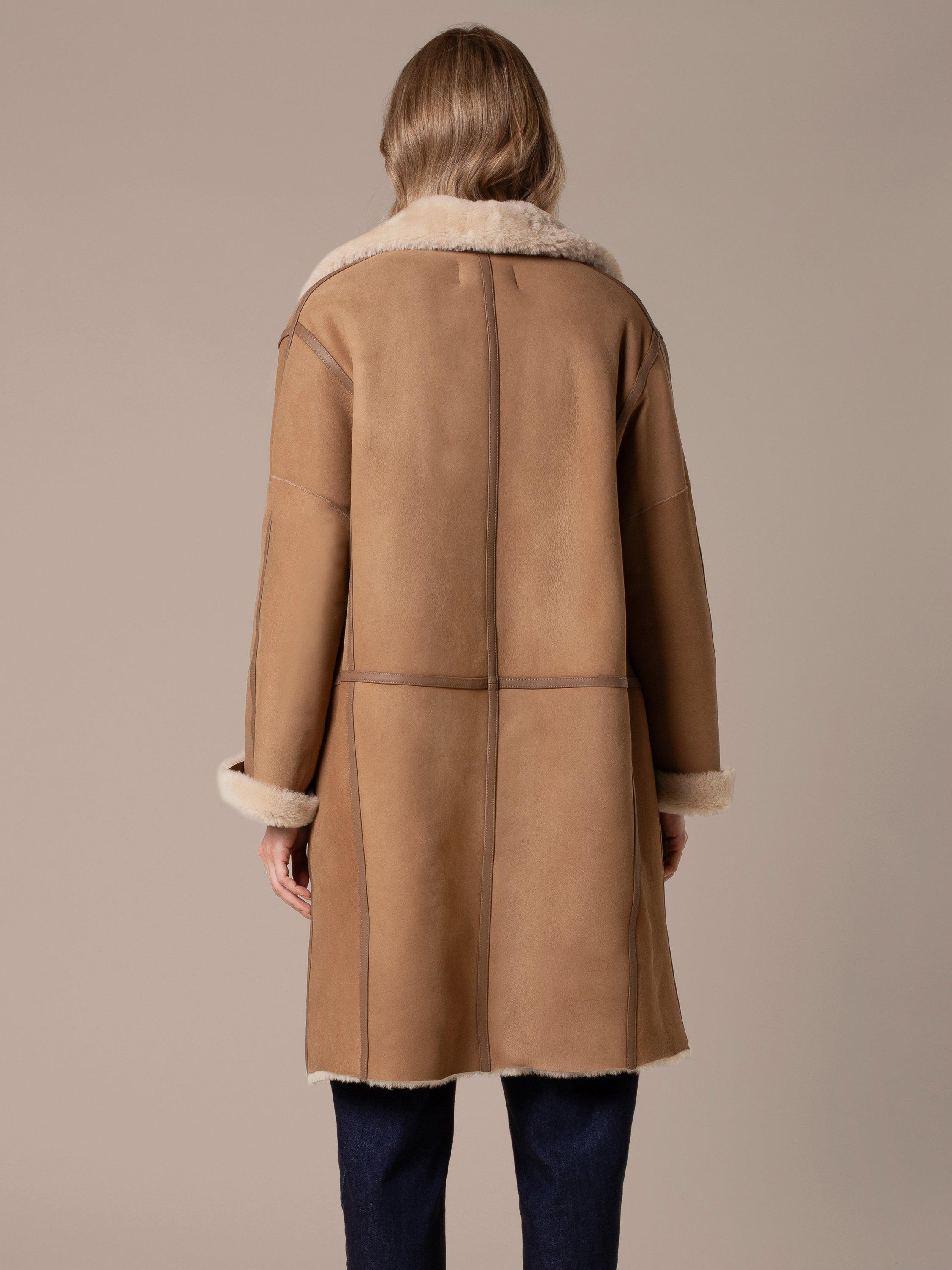 Product image 2 of 10, which shows Celtic & Co. Drape Collar Sheepskin Wrap Coat, Camel / Cream, 8