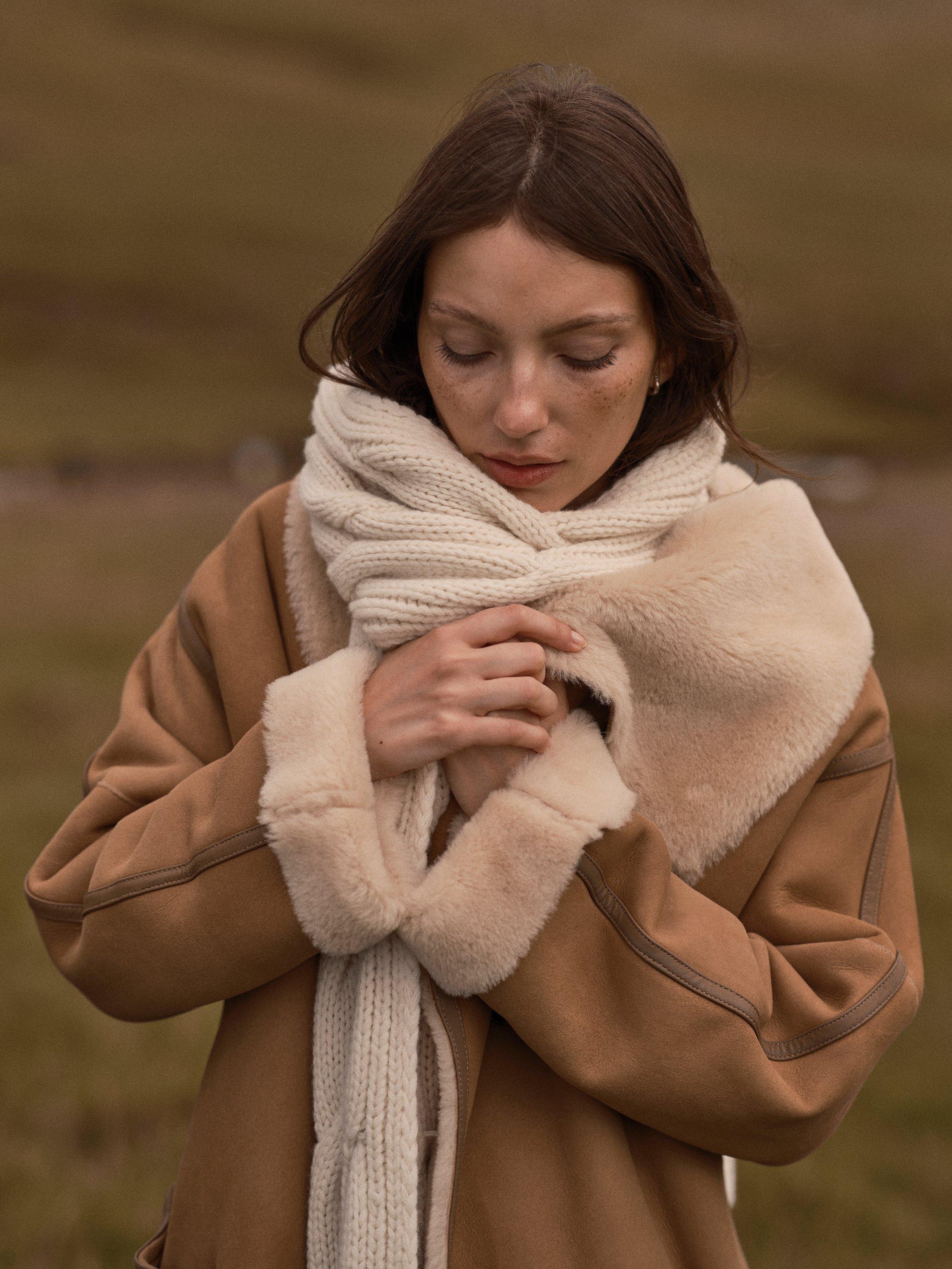 Product image 3 of 10, which shows Celtic & Co. Drape Collar Sheepskin Wrap Coat, Camel / Cream, 8