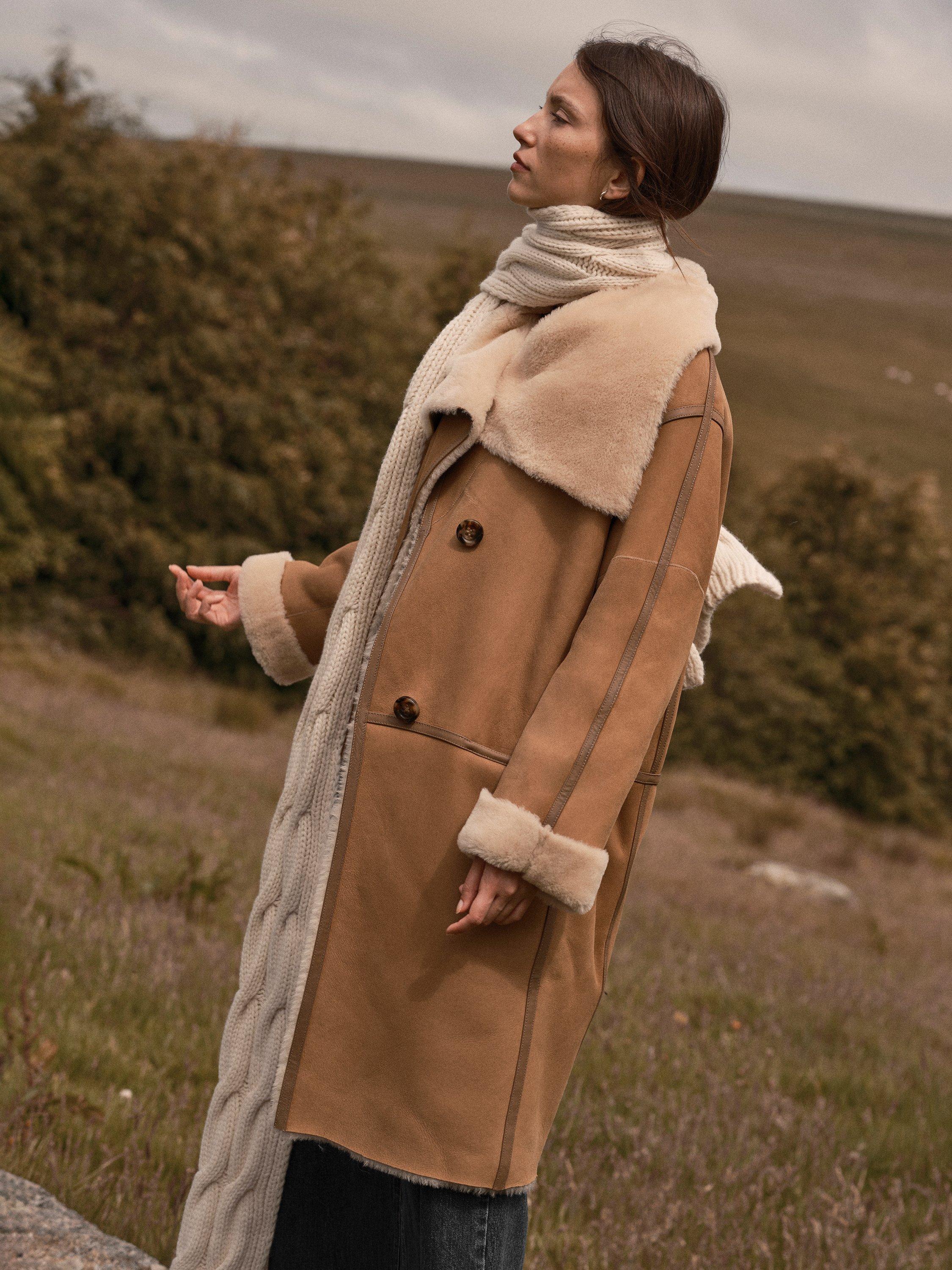 Product image 4 of 10, which shows Celtic & Co. Drape Collar Sheepskin Wrap Coat, Camel / Cream, 8