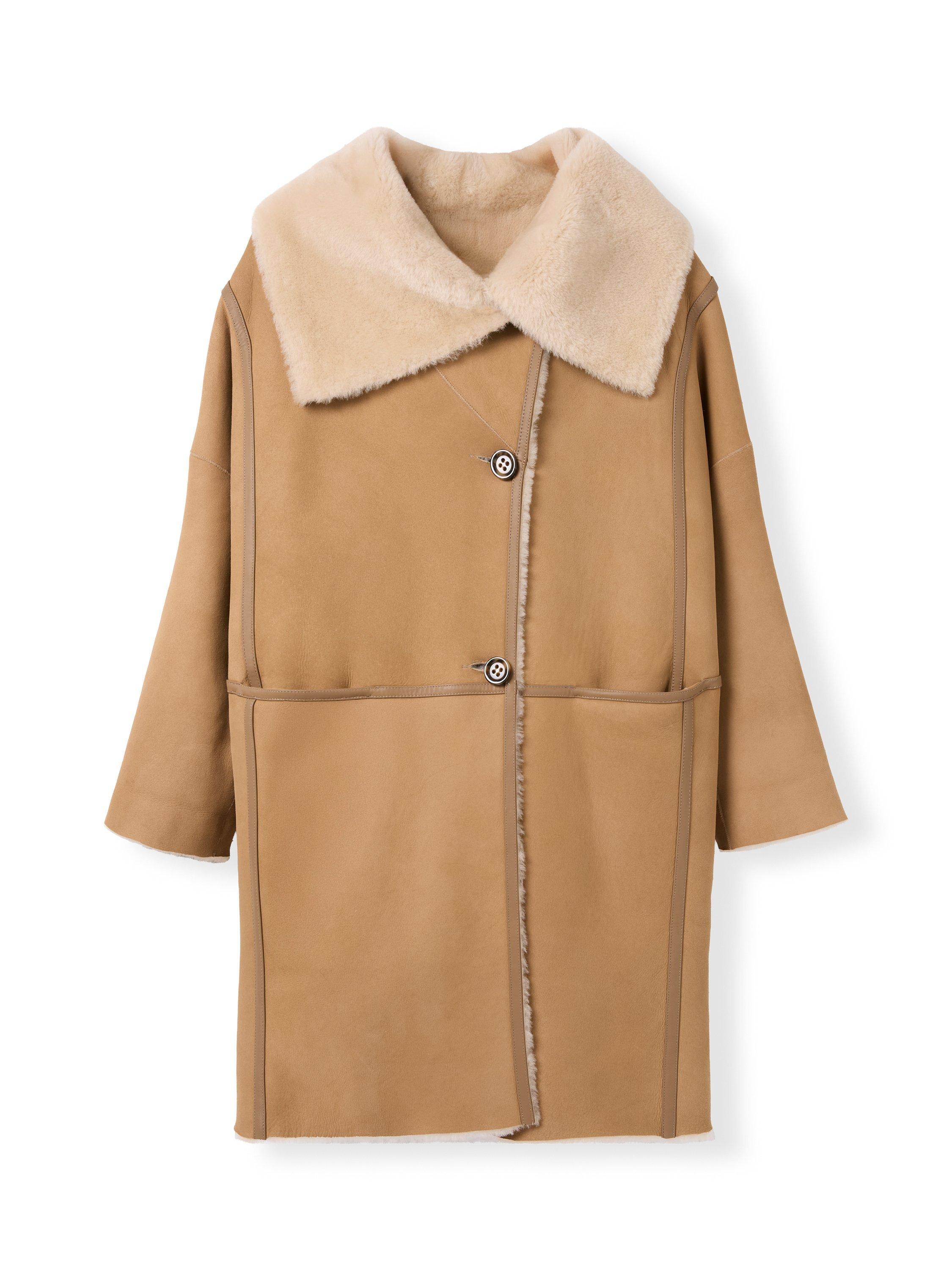 Product image 6 of 10, which shows Celtic & Co. Drape Collar Sheepskin Wrap Coat, Camel / Cream, 8
