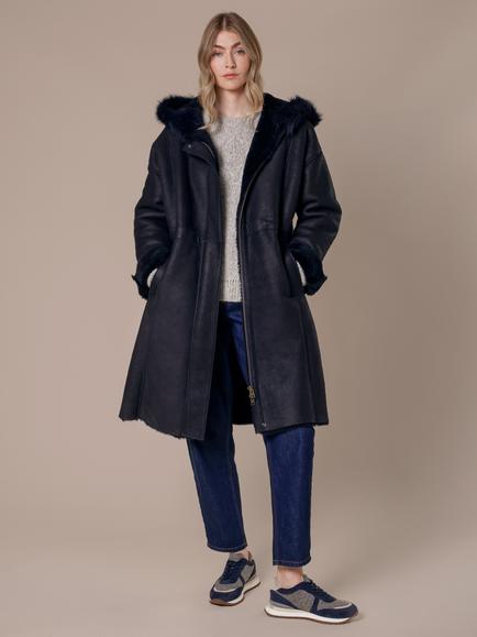 Celtic & Co. Drawcord Detail Pure Sheepskin Coat, Dark Navy, Dark Navy