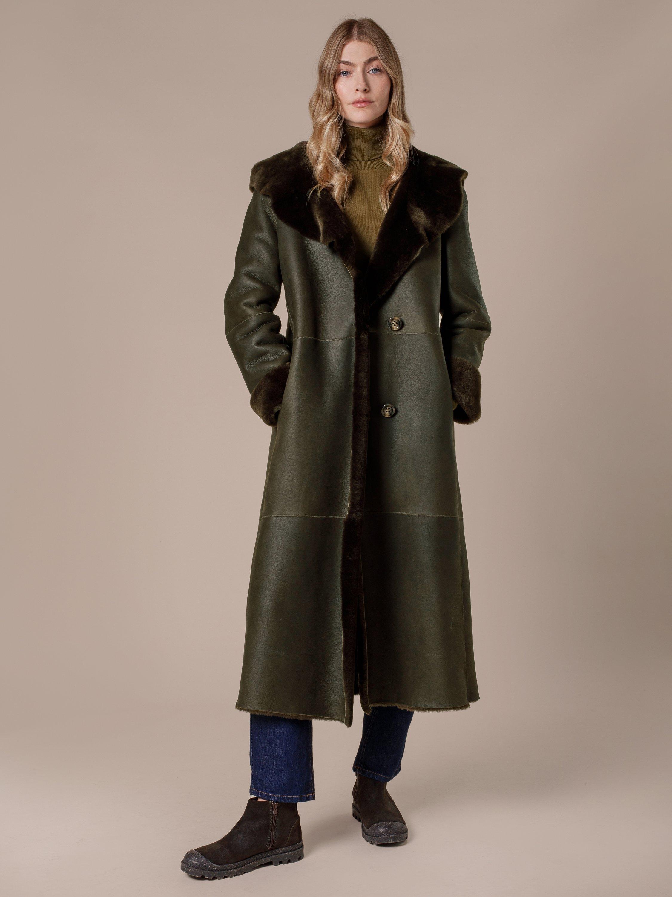 Product image 1 of 9, which shows Celtic & Co. Hooded Wrap Pure Sheepskin Coat, Black Olive, 8