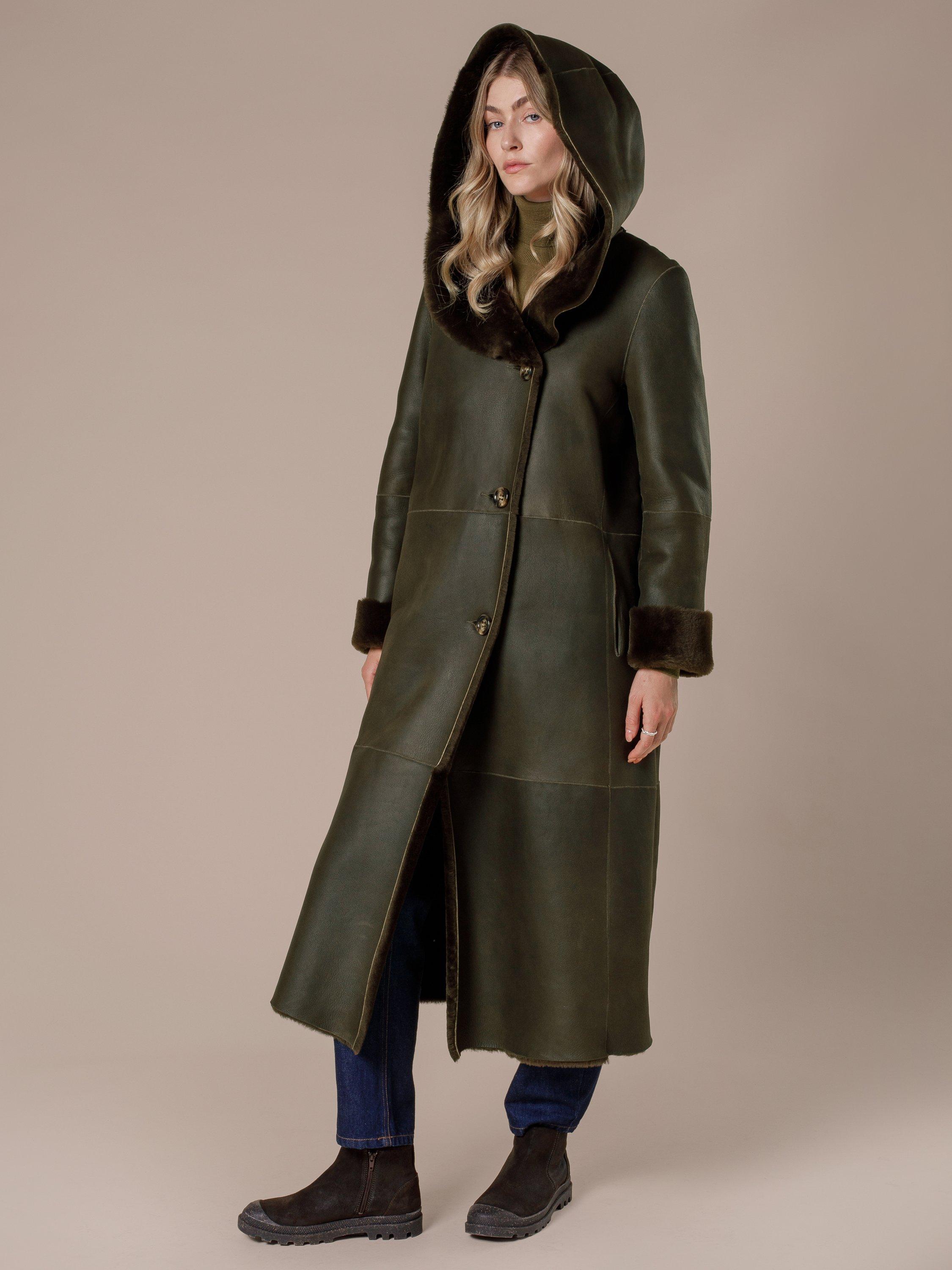 Product image 2 of 9, which shows Celtic & Co. Hooded Wrap Pure Sheepskin Coat, Black Olive, 8