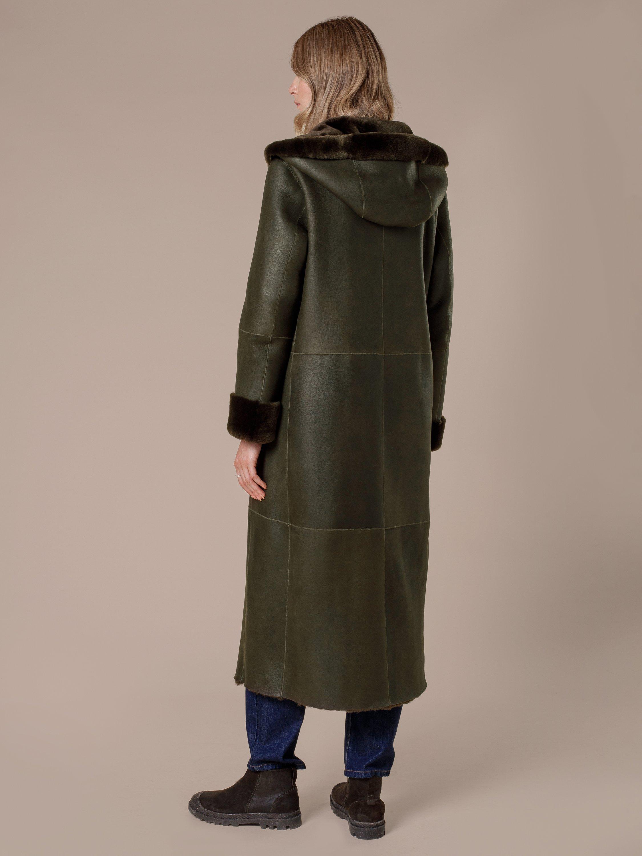 Product image 3 of 9, which shows Celtic & Co. Hooded Wrap Pure Sheepskin Coat, Black Olive, 8