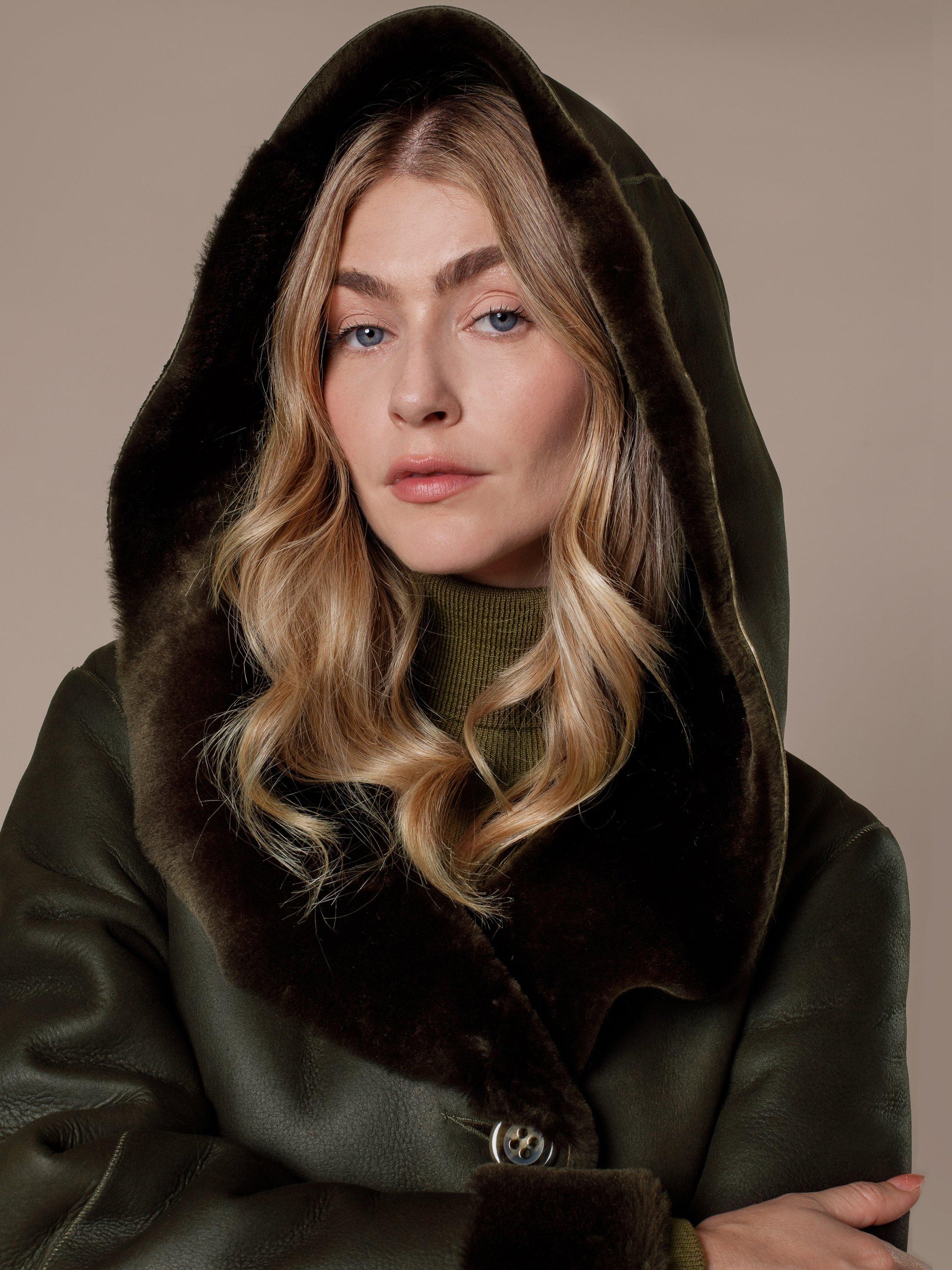 Product image 4 of 9, which shows Celtic & Co. Hooded Wrap Pure Sheepskin Coat, Black Olive, 8