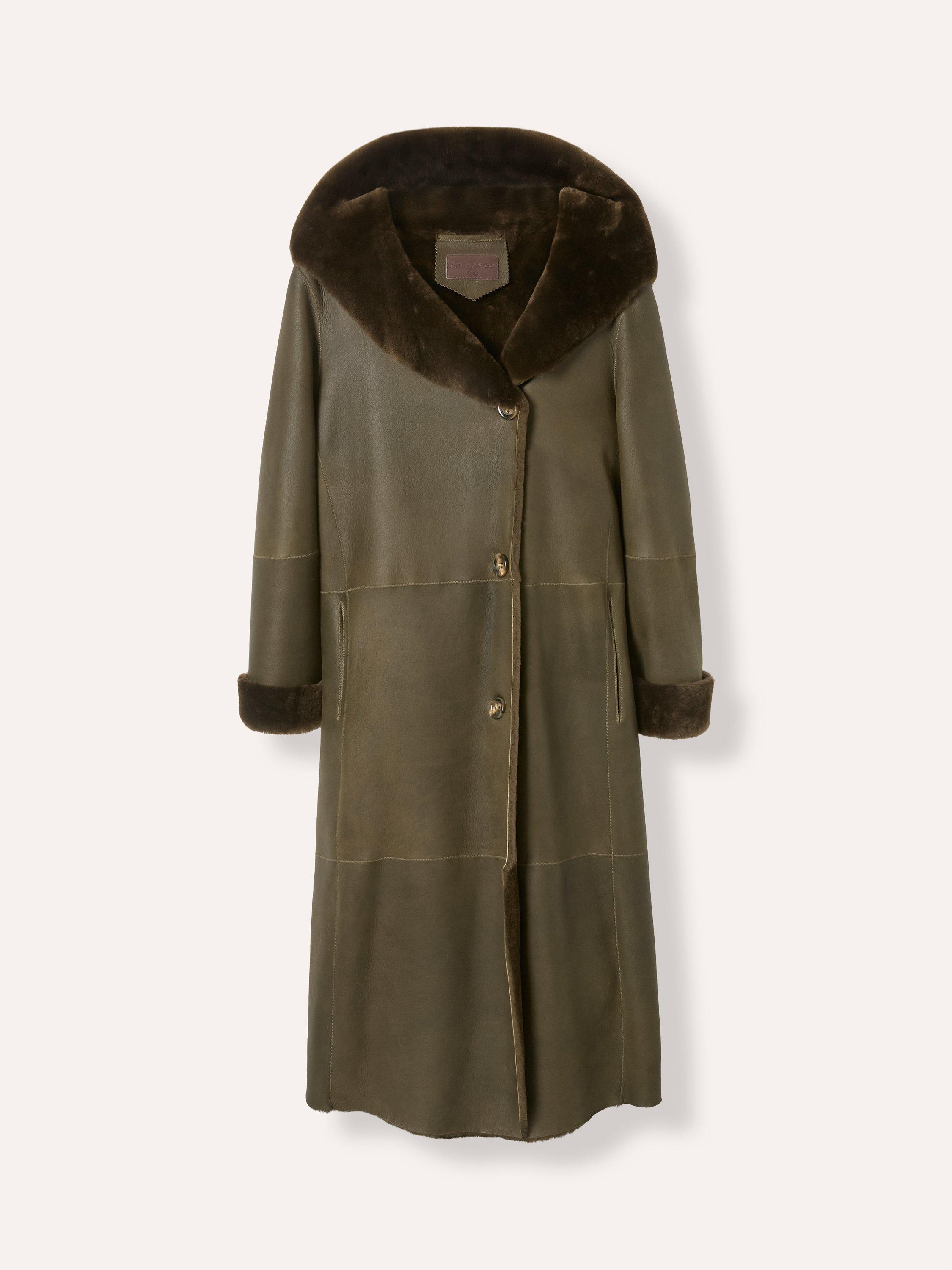 Product image 5 of 9, which shows Celtic & Co. Hooded Wrap Pure Sheepskin Coat, Black Olive, 8