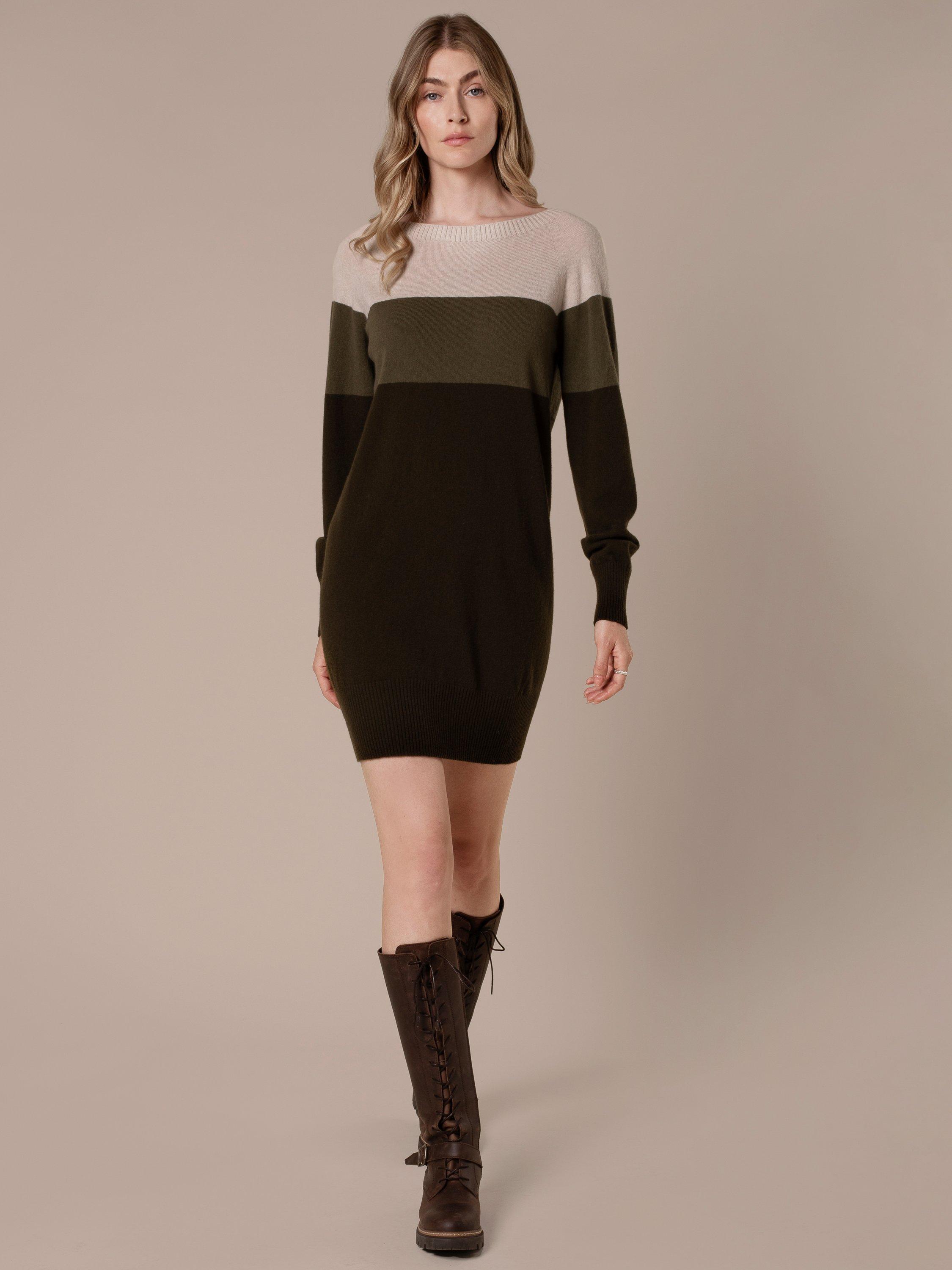 Product image 1 of 10, which shows Celtic & Co. Block Colour Long Sleeve Wool Mini Dress, Khaki Multi, XS