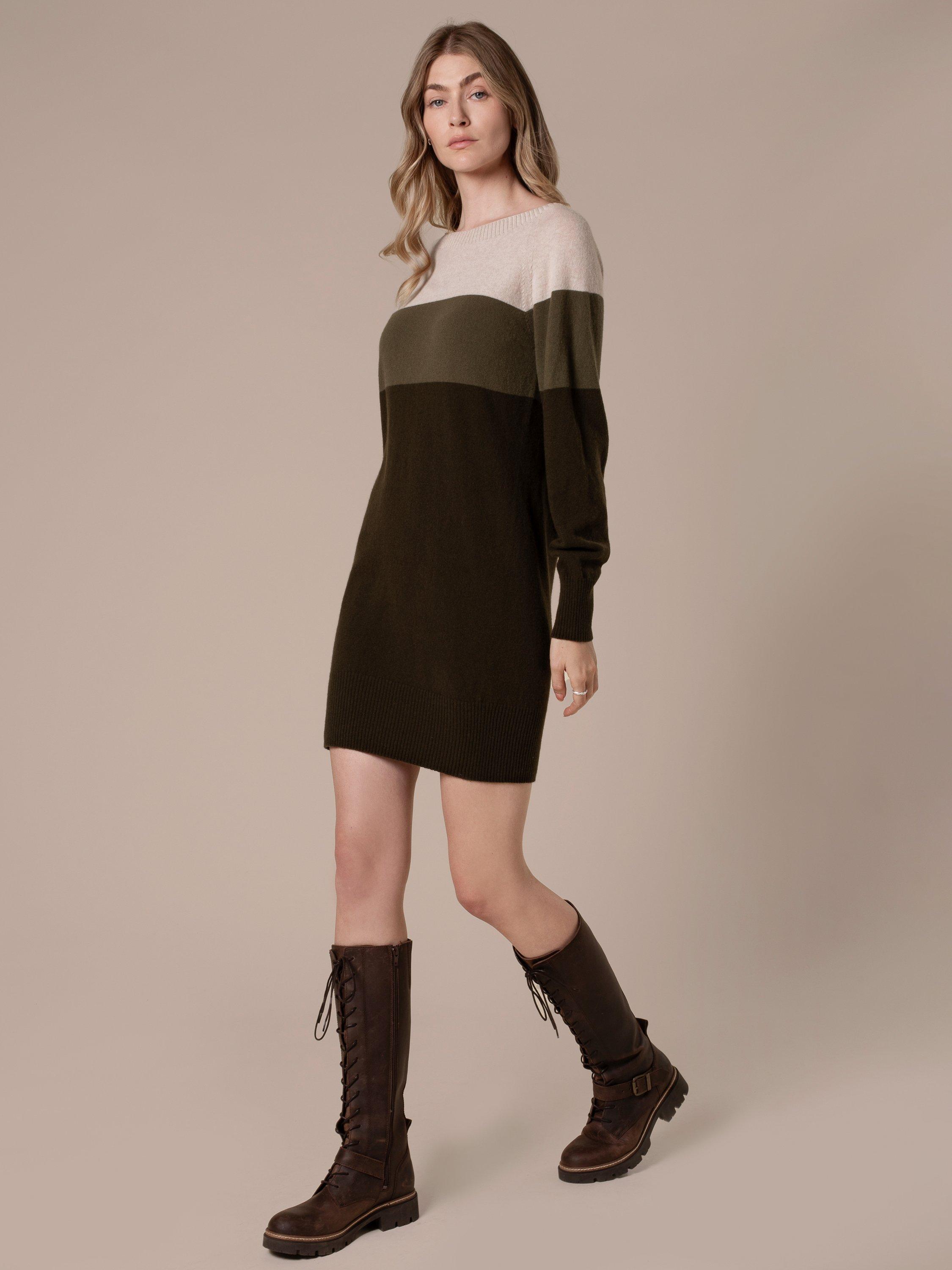 Product image 4 of 10, which shows Celtic & Co. Block Colour Long Sleeve Wool Mini Dress, Khaki Multi, XS